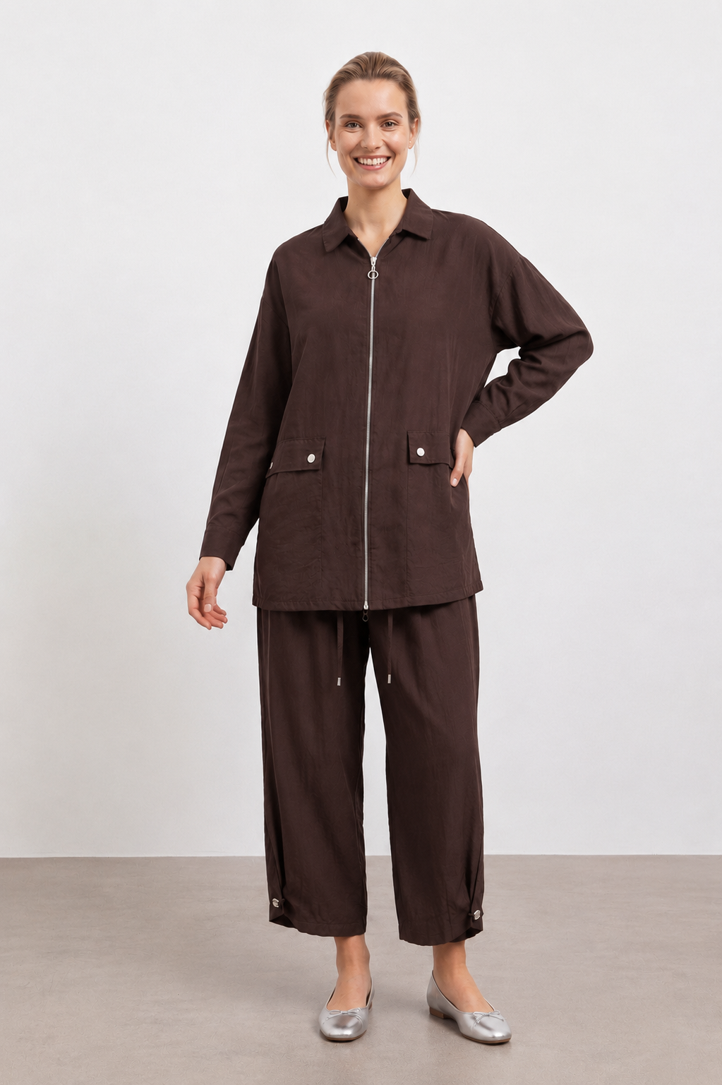 Çift Gizli Cep Detay Pantolonlu Takım 14488 - Browni