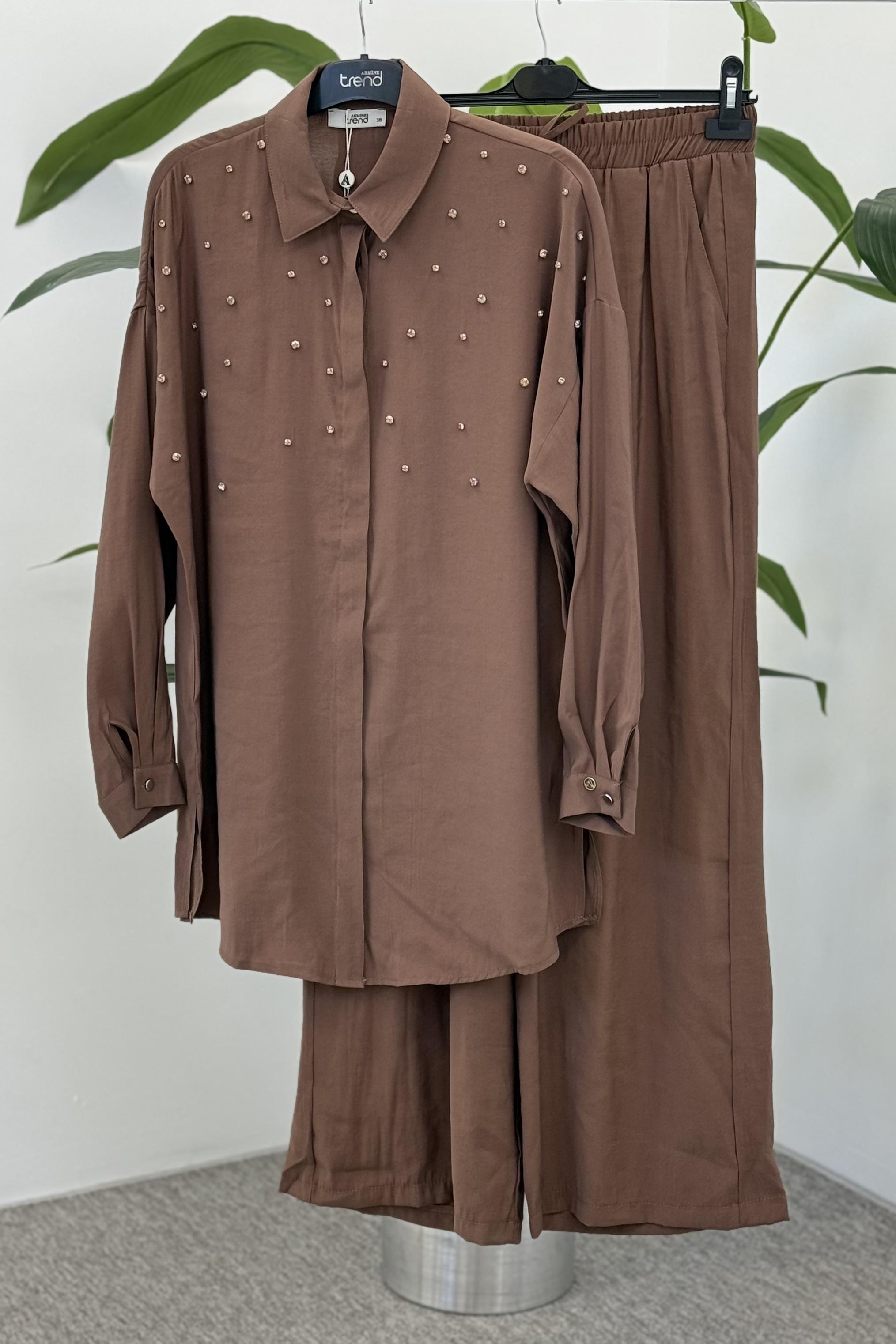 Armine Trend 25YT6139 Taş Detaylı Pantolonlu Takım - Kahverengi