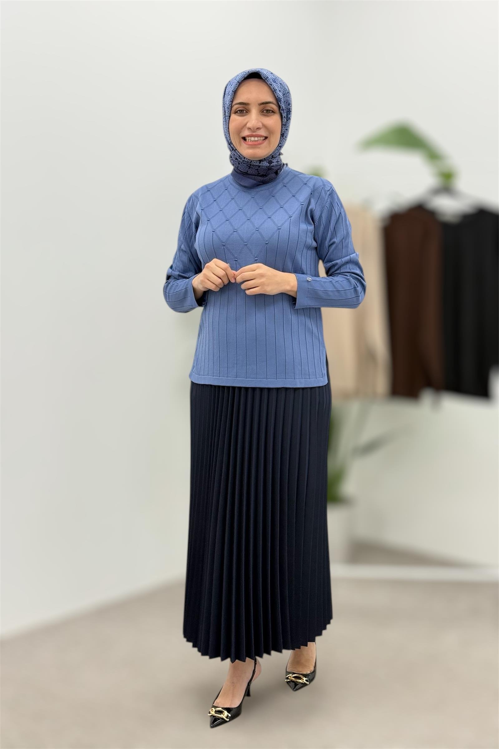 Beli Lastikli Pliseli Etek 3015 - Lacivert