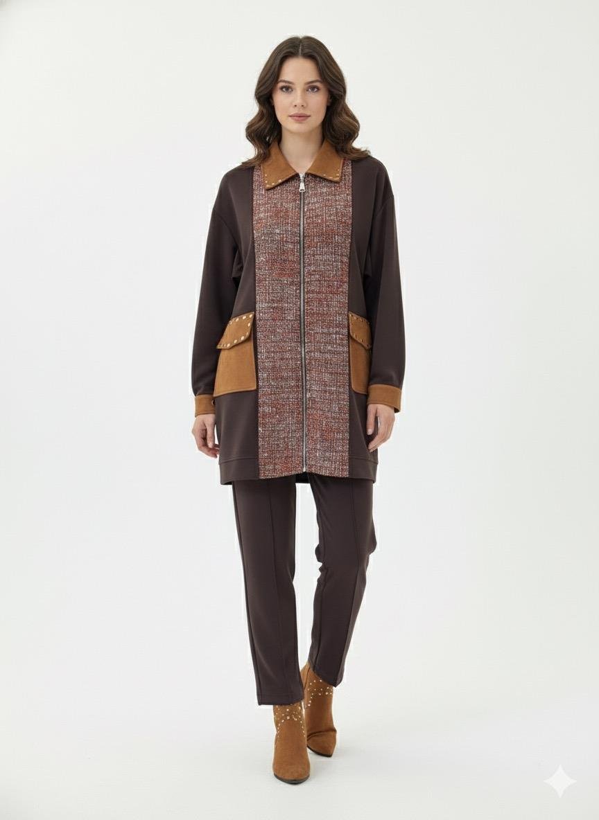 Cep ve Yaka Zımba Detay Pantolonlu Takım 1411 - Browni