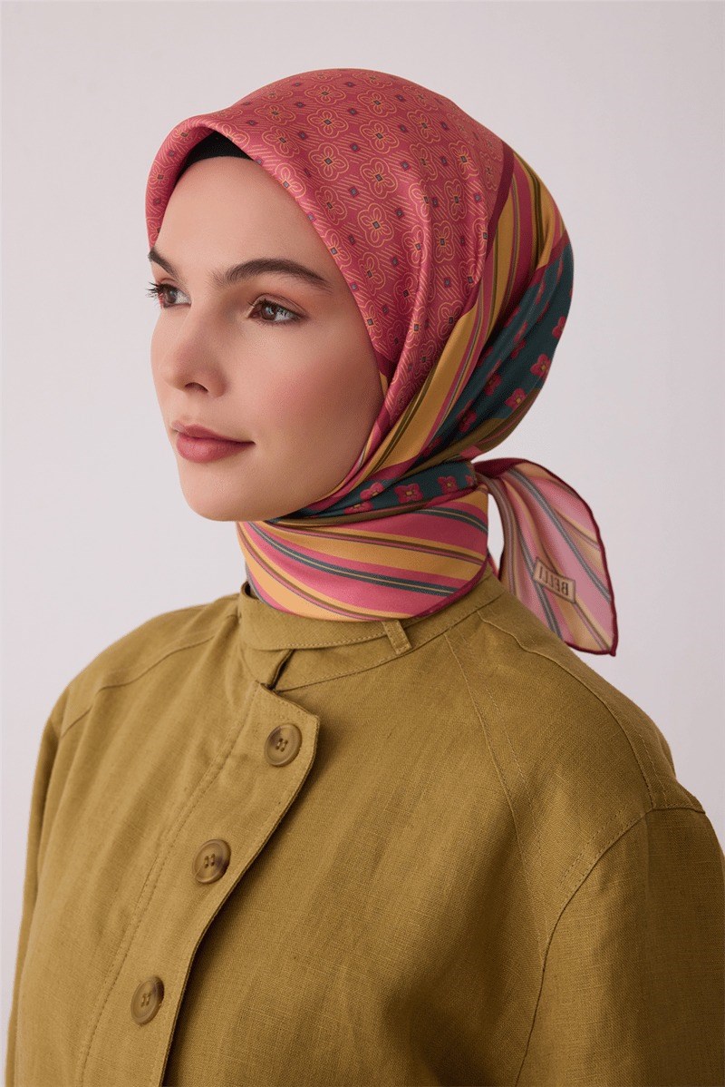 Belli 4423 Halka Ritim Geometrik %100 Twill İpek Eşarp - Pembe Eşarp BELLI 