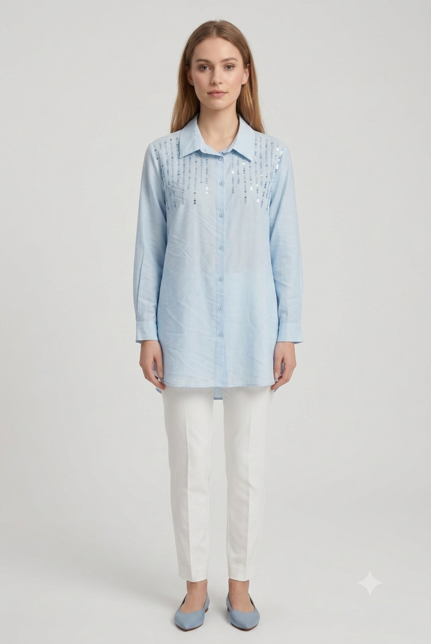 Omuzu Boncuk Detaylı Tunik 10794 - Mavi