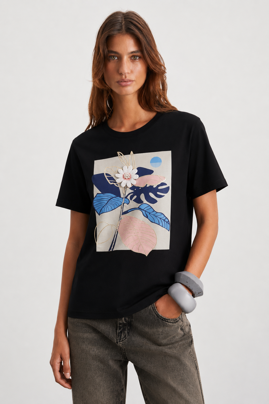 Papatyası İnci İşlemeli Tshirt 4035 - Siyah