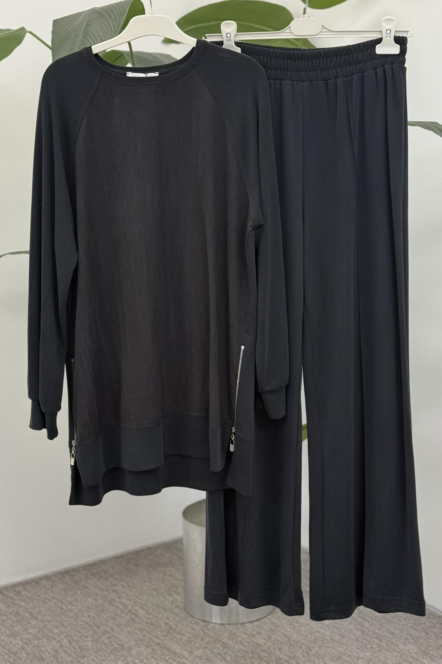 Yan Fermuar Detaylı Pantolonlu Takım 14470 - Siyah