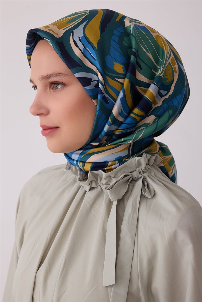 Belli 4417 Fırça İzleri Soyut %100 Twill İpek Eşarp - Yeşil Eşarp BELLI 