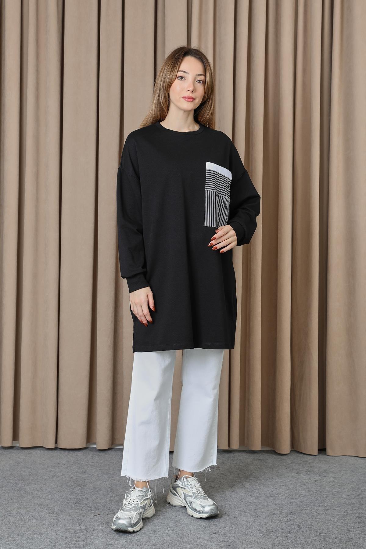 Cebi Çizgili Gömlek Detay Tunik 10719 - Siyah