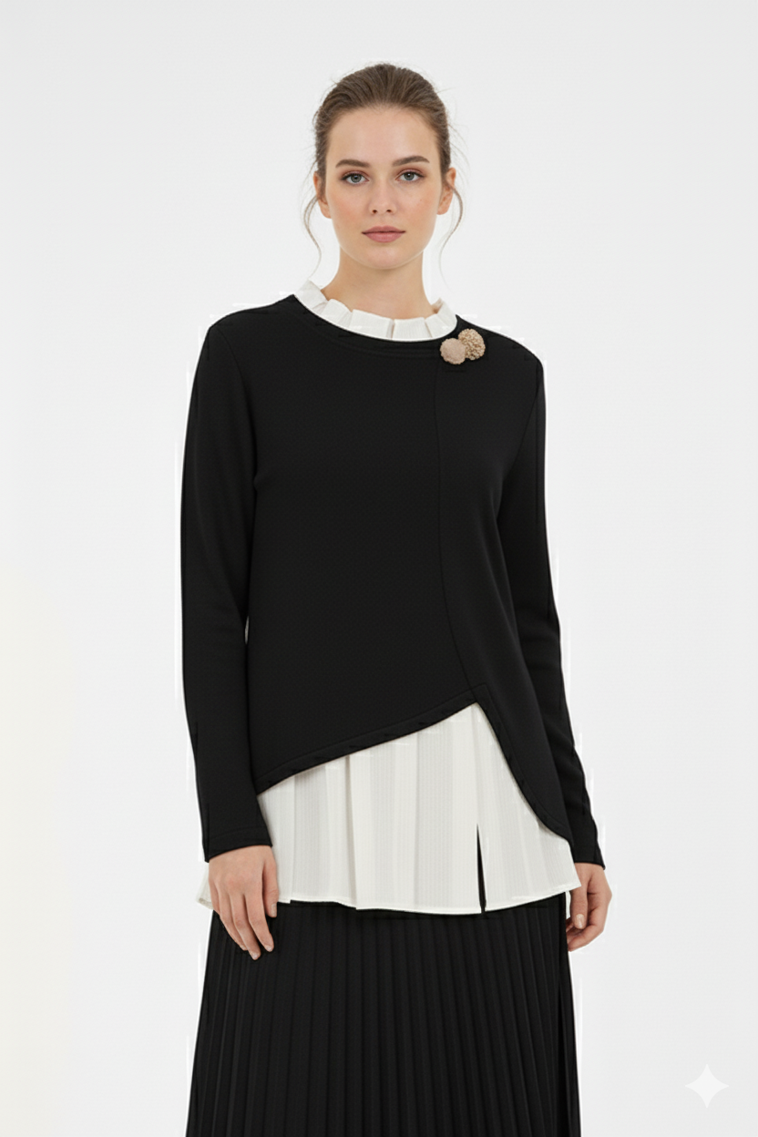 Fuat Gürşen 4329 Yaka Broş Detay Tunik - Siyah