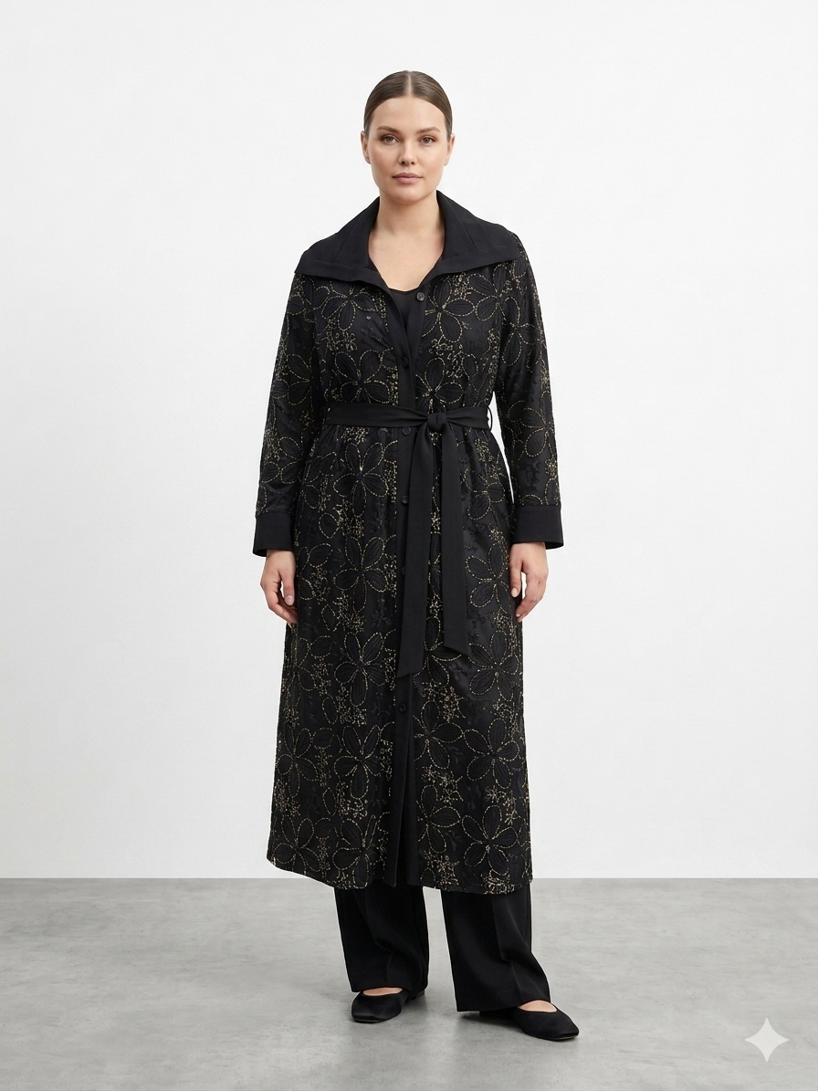 Fuat Gürşen 5114 Nakışları Boncuk İşlemeli Düğmeli Kap - Siyah Gold