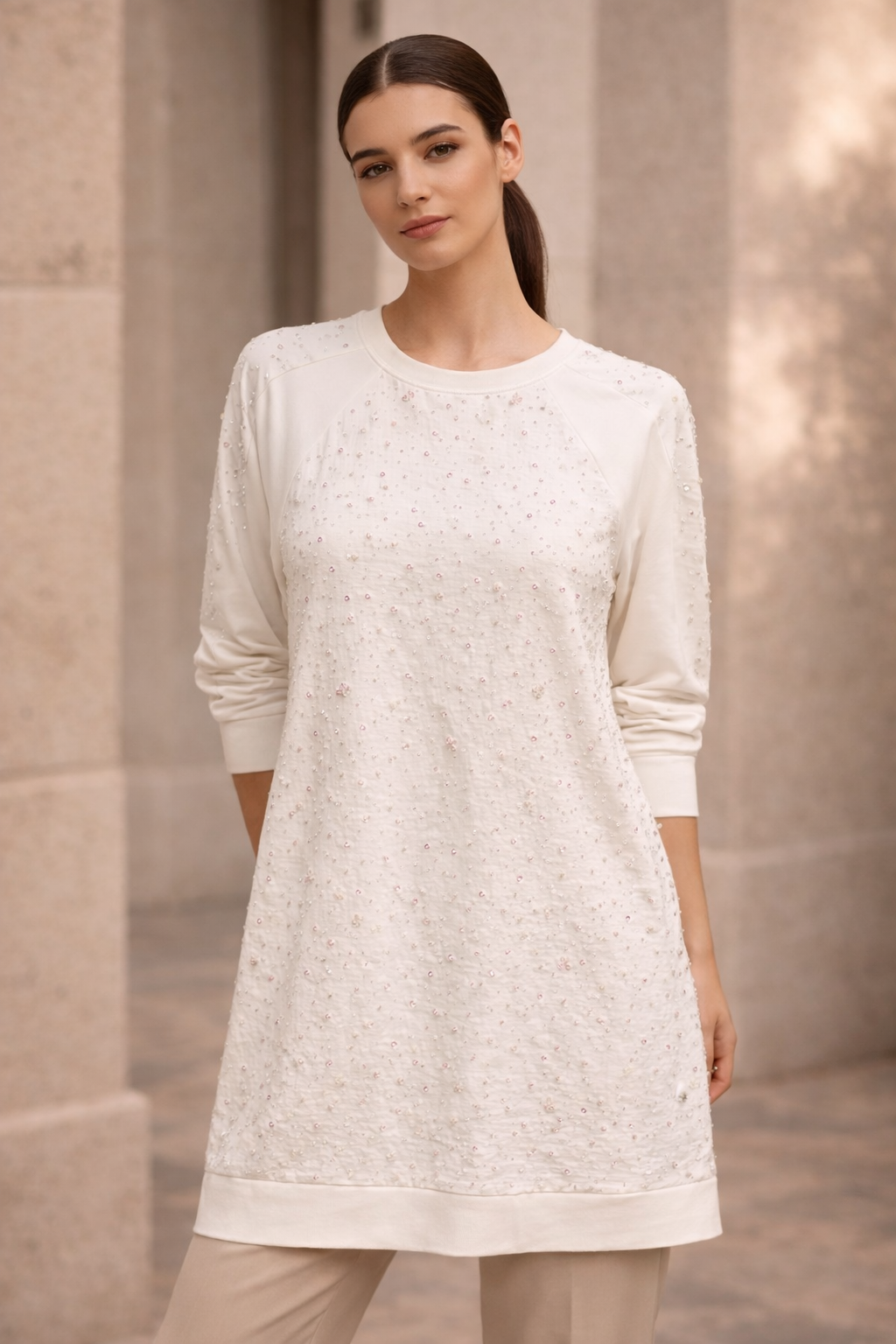 Fuat Gürşen 5335-1 Kendenden Jakar Baskılı Tunik - Tek Renk