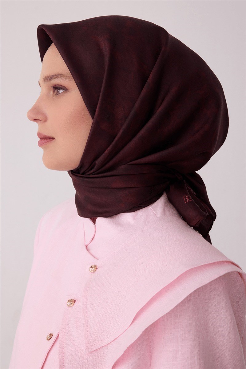 Belli 4428 Soyut Dalga Soyut %100 Twill İpek Eşarp - Mürdüm Eşarp BELLI 