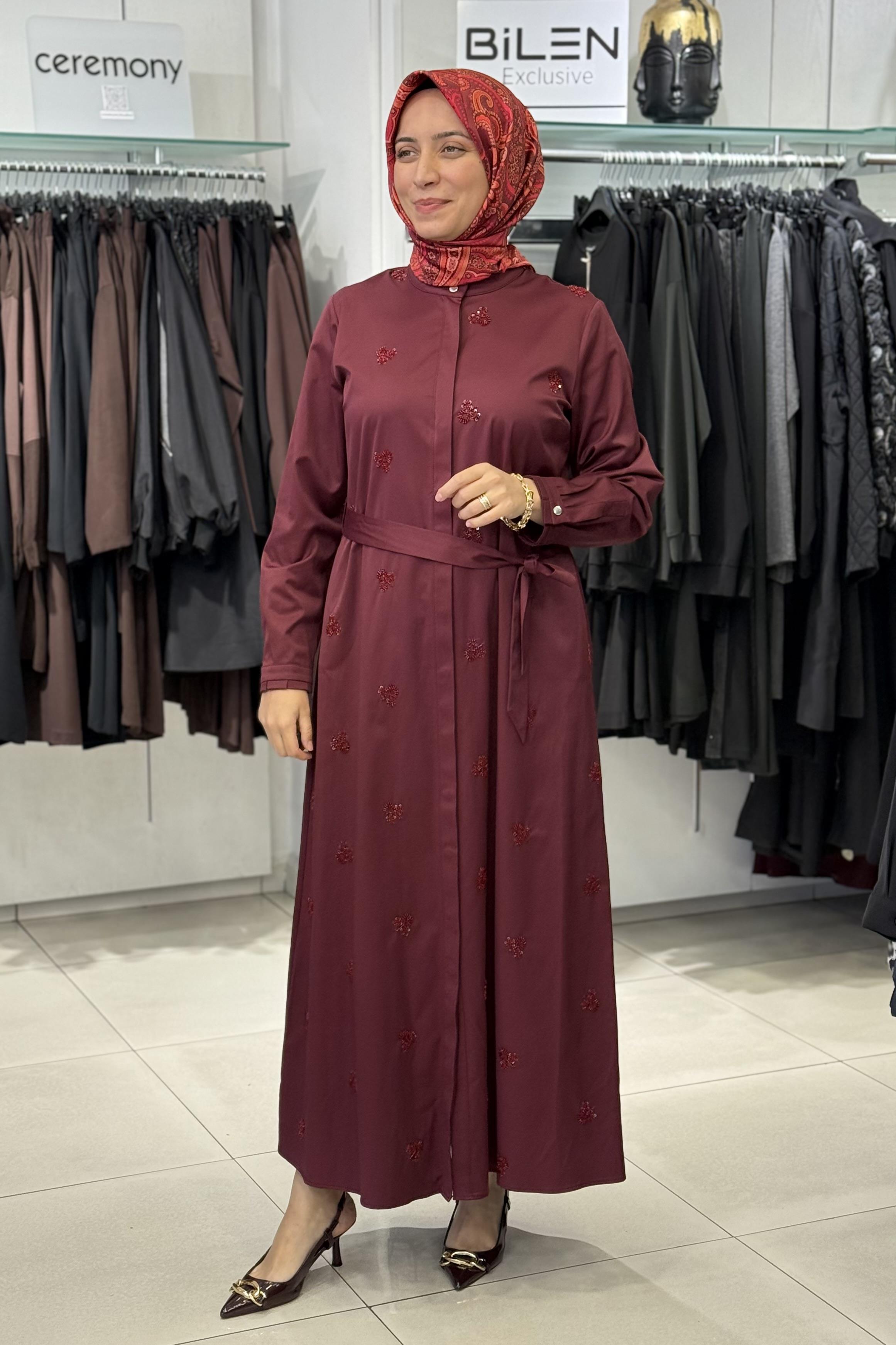 Fuat Gürşen 4103 Boncuk İşlemeli Şık Elbise - Bordo