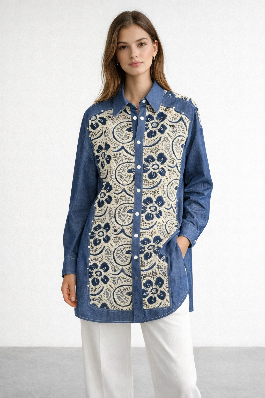 Ceremony 26Y128 Çıtçıtlı Denim Dantel Gömlek - Orjinal