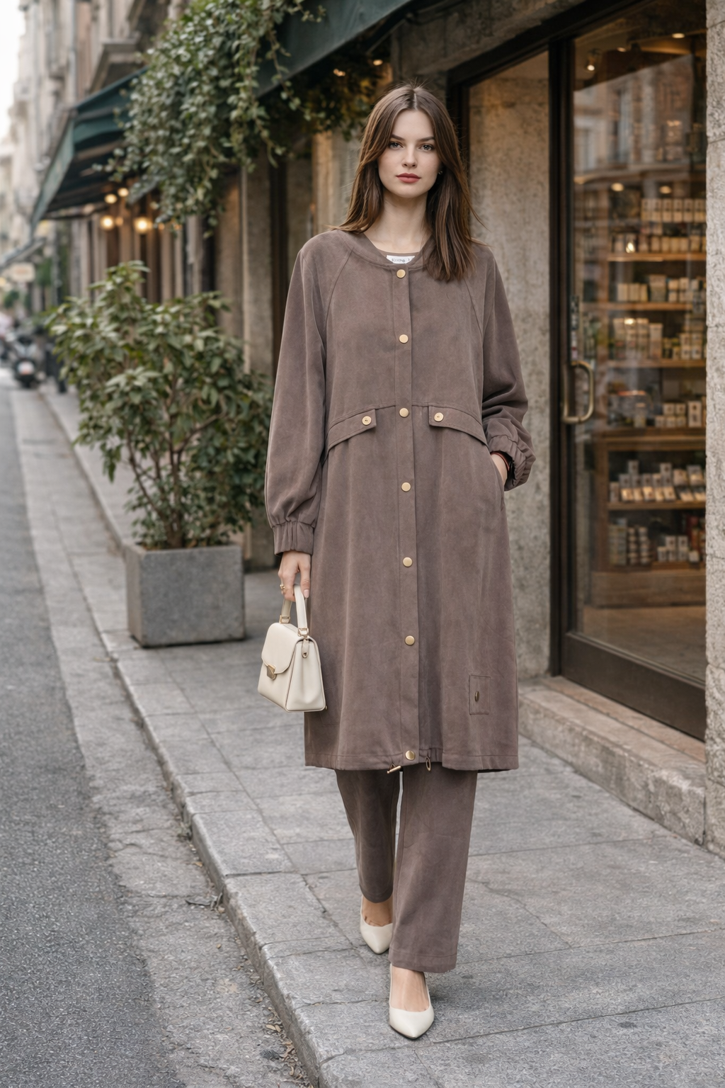 Reglan Kol Düğme Detay Ara Boy Kap 15259 - Browni