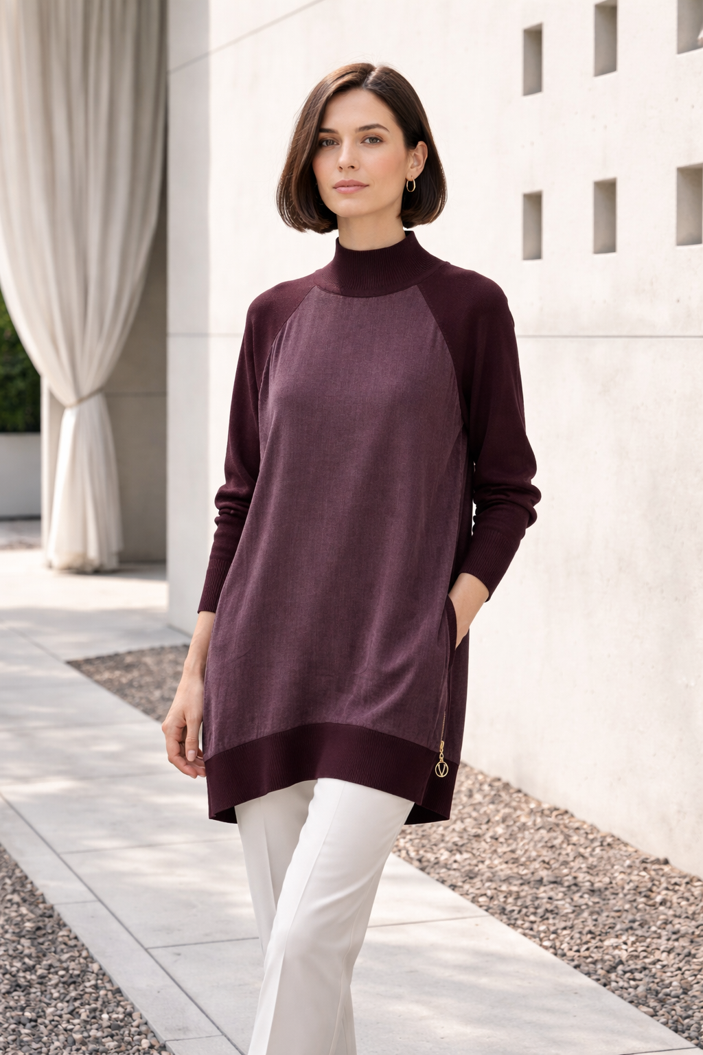 Yan Fermuar Detay Düz Baskılı Qupra Tunik 286 - Mürdüm