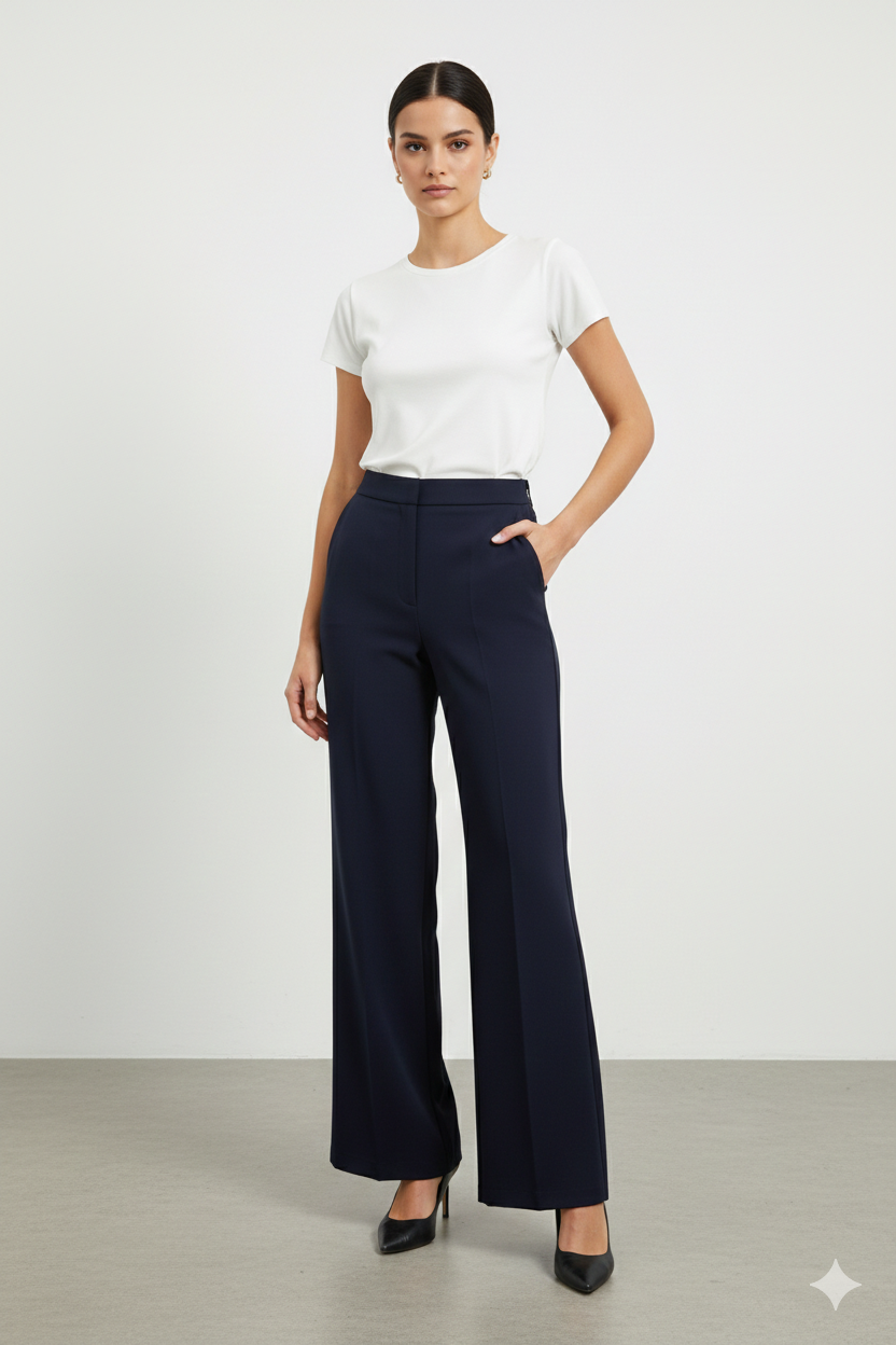 Sentez 5598 Yüksel Bel İspanyol Paça Kumaş Pantolon - Lacivert