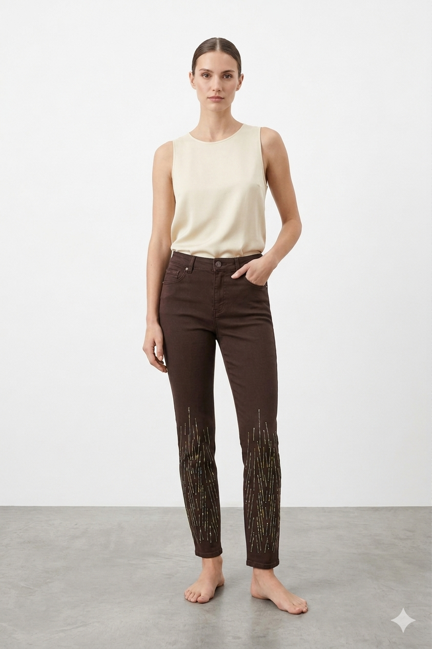 Çubuk Taş İşlemeli Mom Pantolon 0291-ÇT - Kahve