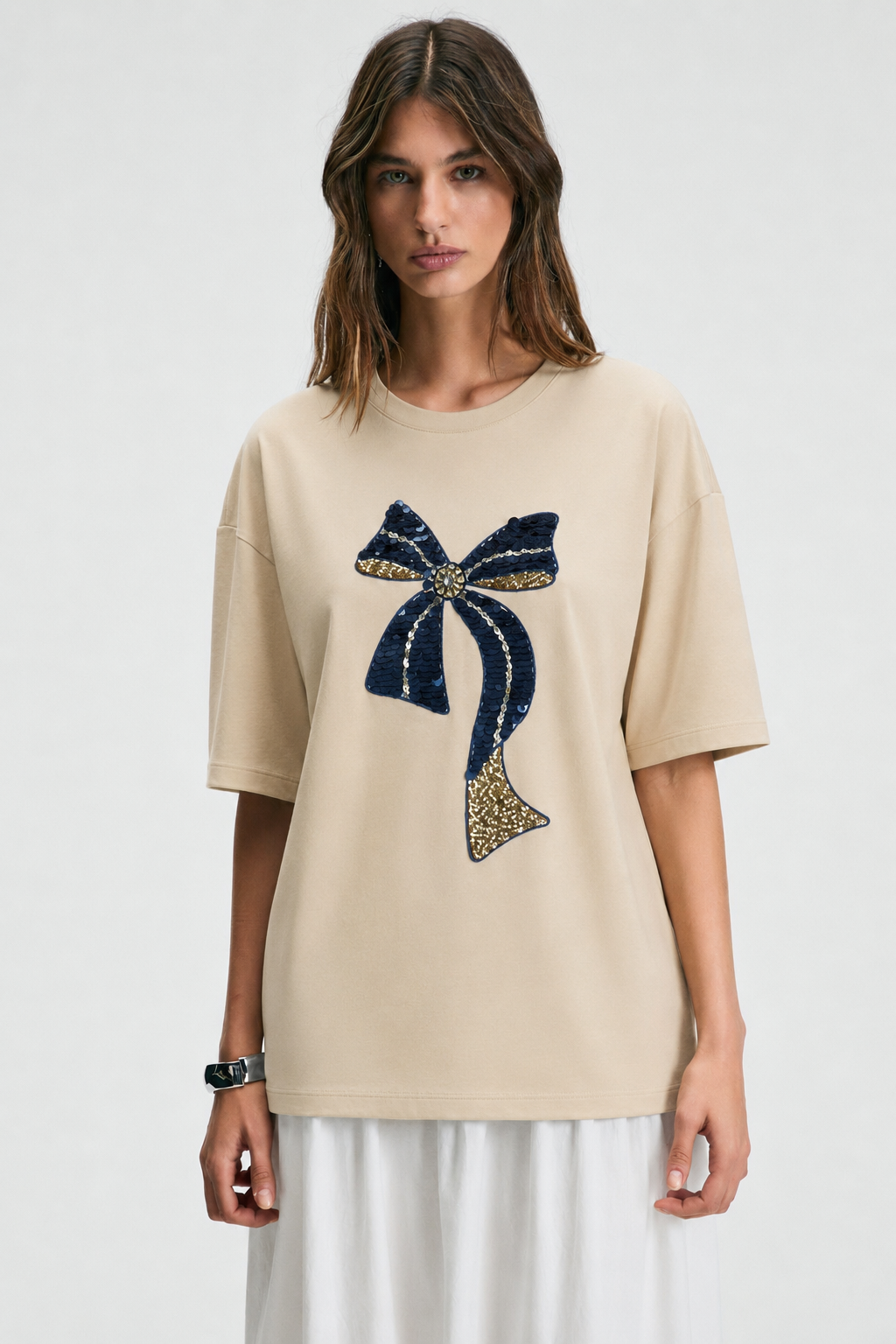 Fiyonku Mavi Pul Payet Tshirt 3030 - Bej