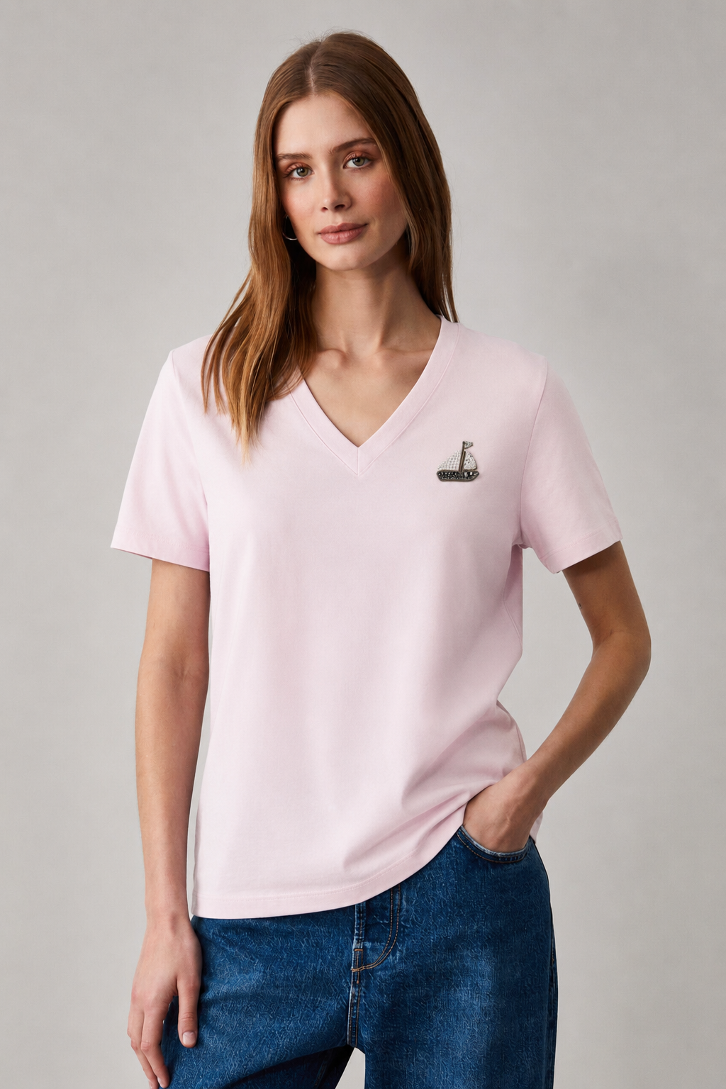 Gemi Aksesuarlı V Yaka Tshirt 4052 - Pembe