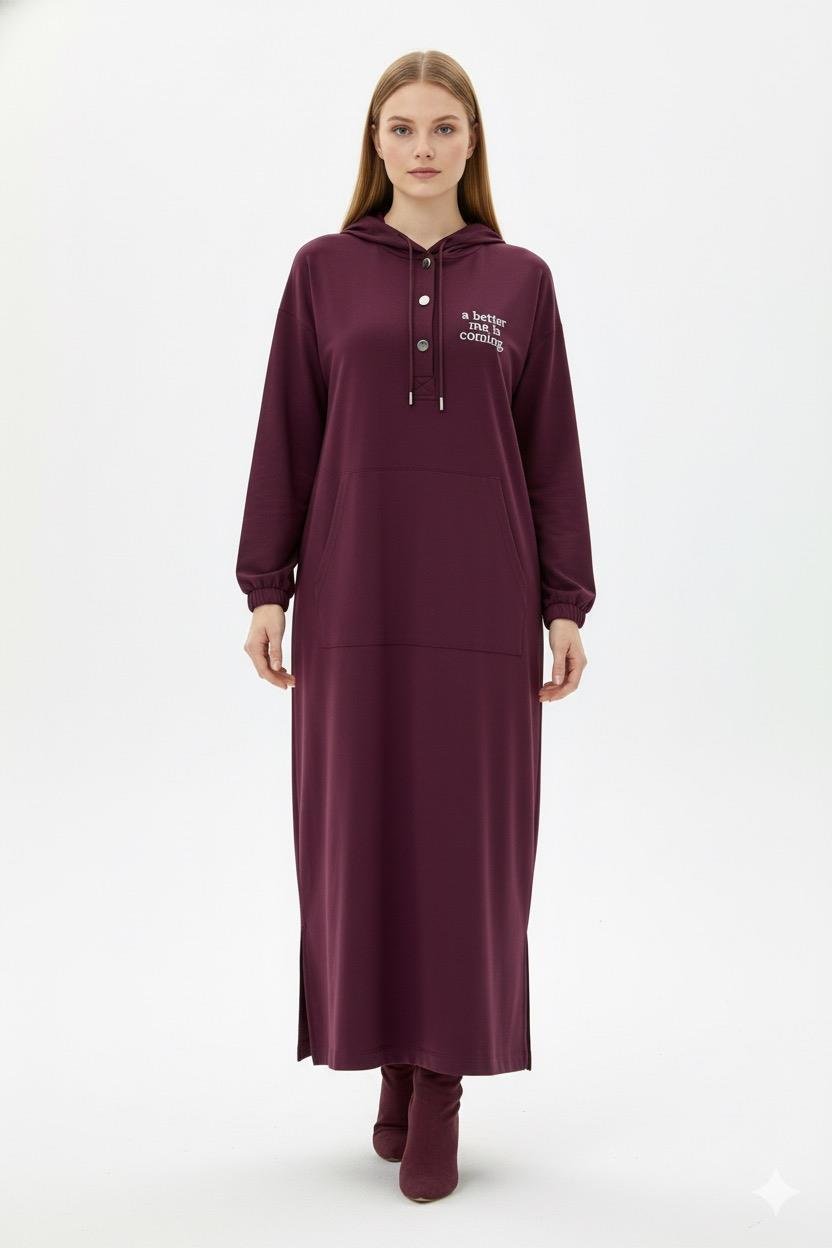 Baskılı Kapüşonlu ve Cepli Elbise 0033744 - Bordo