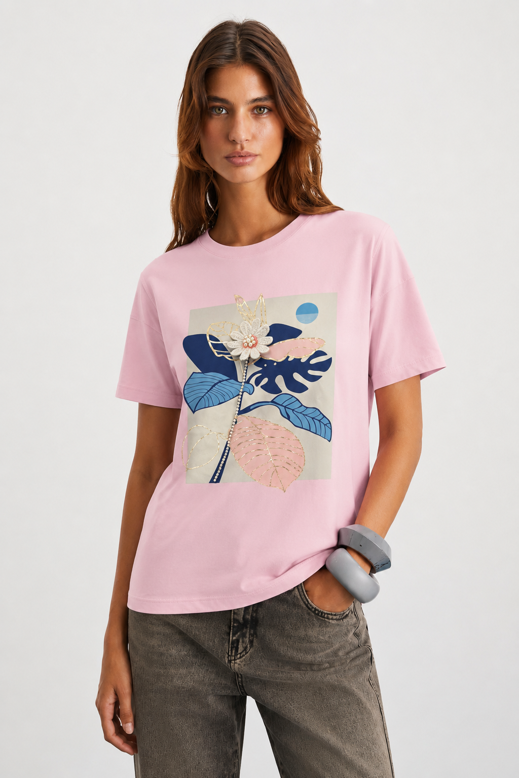 Papatyası İnci İşlemeli Tshirt 4035 - Pembe