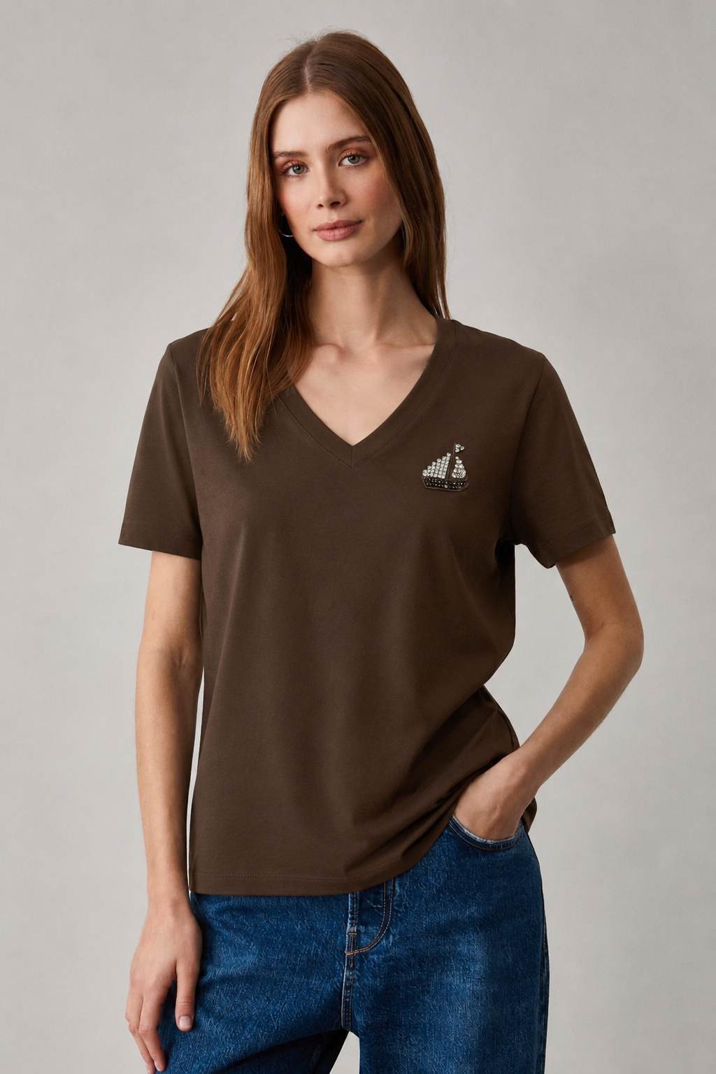 Gemi Aksesuarlı V Yaka Tshirt 4052 - Kahve
