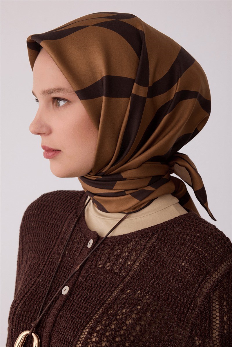 Belli 4429 Fırça Akışı Soyut %100 Twill İpek Eşarp - Camel Eşarp BELLI 