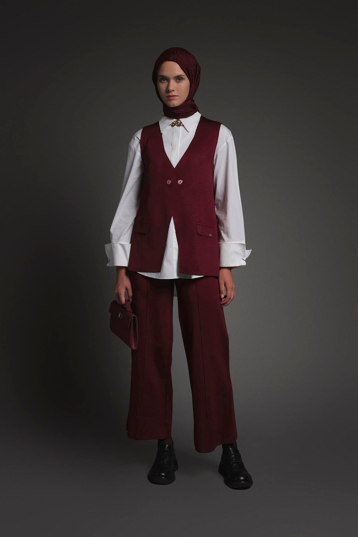 Armine Trend 25YTD6117 Çift Düğme Detaylı Yelekli Takım - Bordo