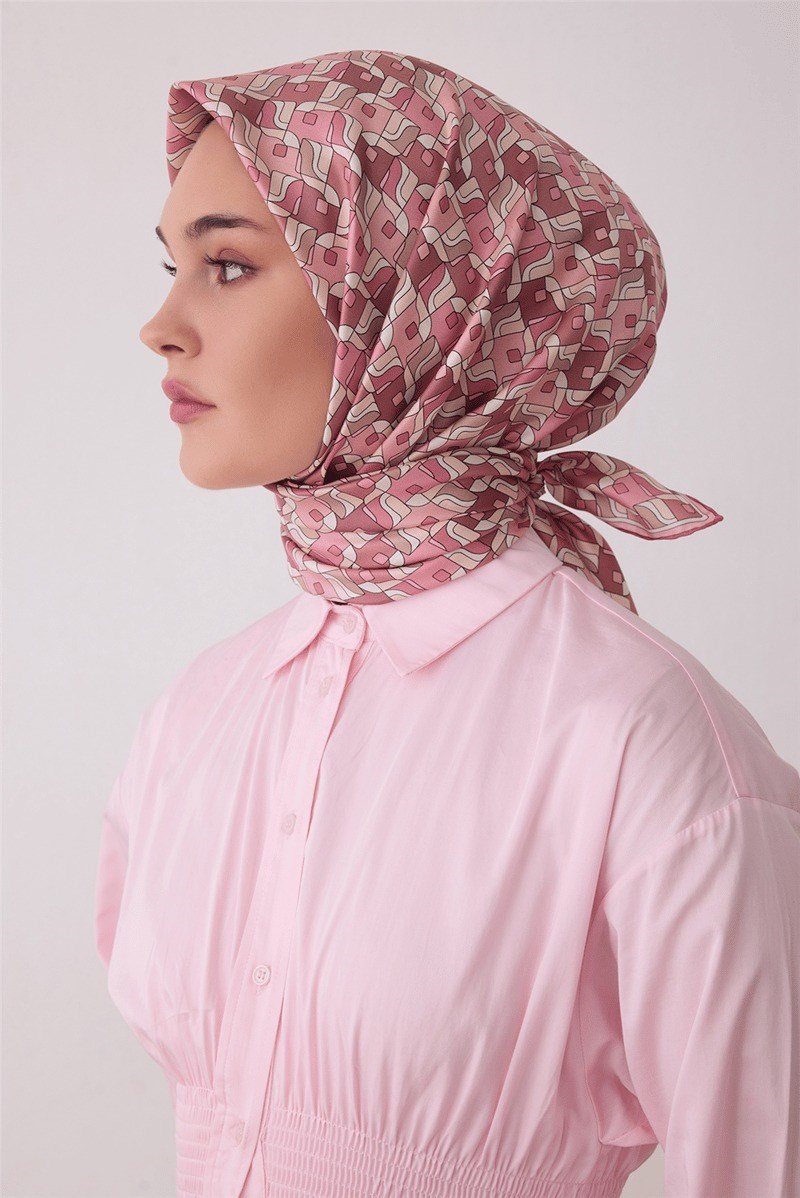 Belli 4402 Prizma Kafes Geometrik %100 Twill İpek Eşarp - Toz Pembe Eşarp BELLI 