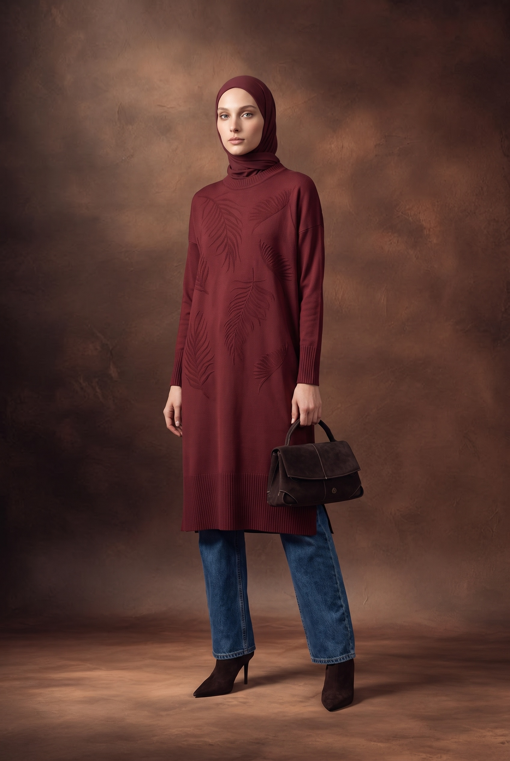 Armine Trend 26KTD408 Yaprak Baskı Detay Tunik Bordo Tunik ARMİNE TREND 