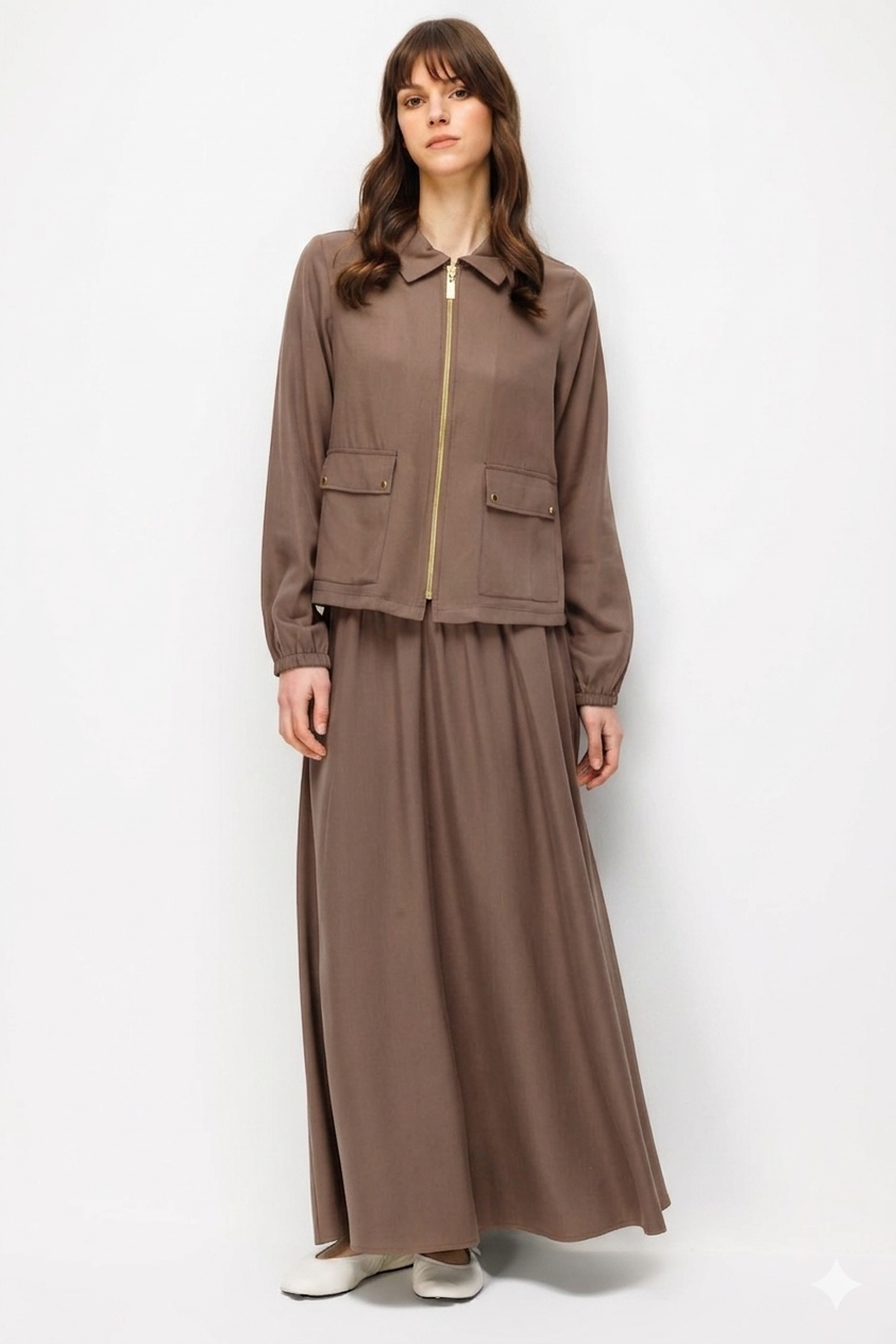 Micca 261830 Dökümlü Ceket ve Etek Kombinli Takım - Kahve