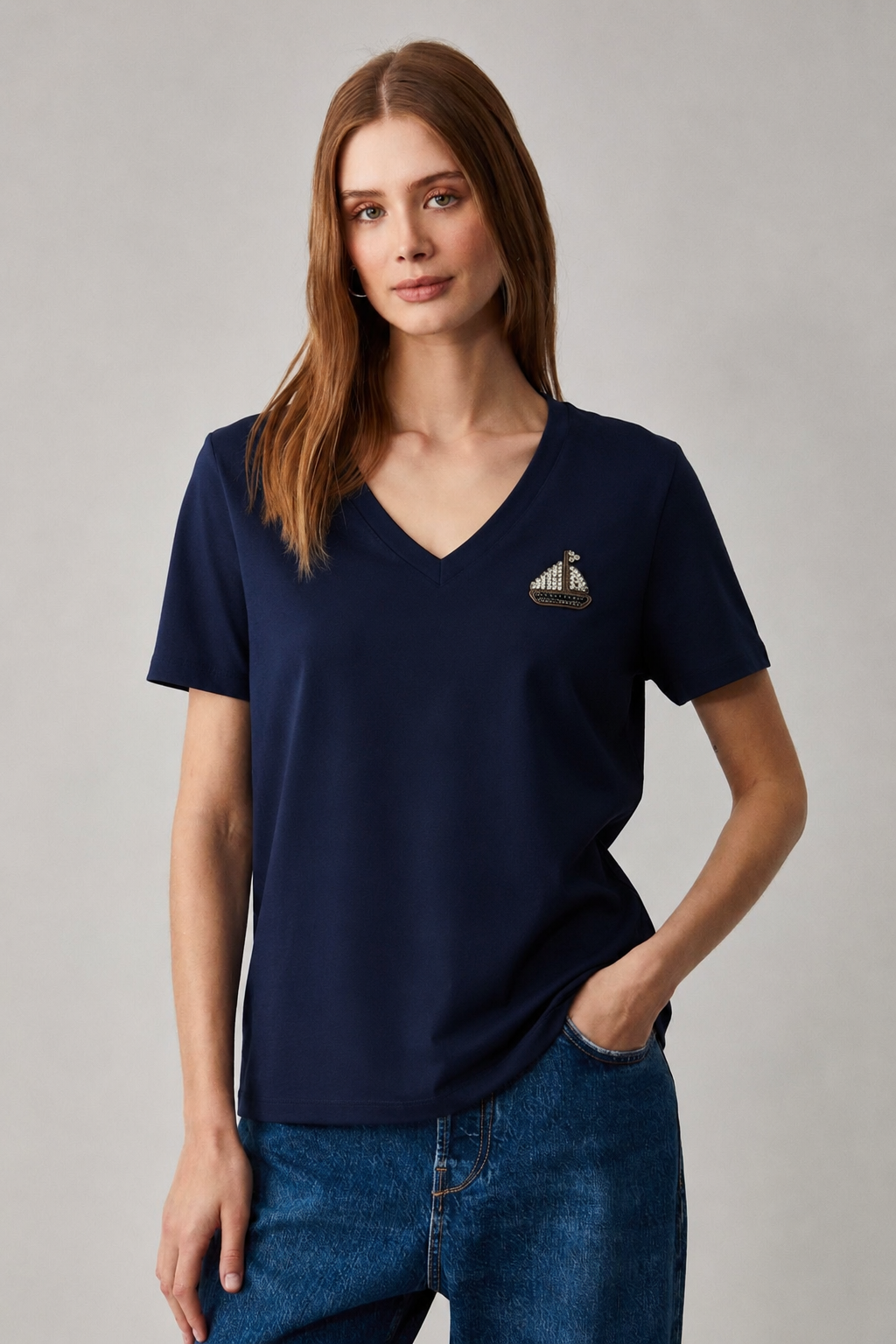 Gemi Aksesuarlı V Yaka Tshirt 4052 - Lacivert