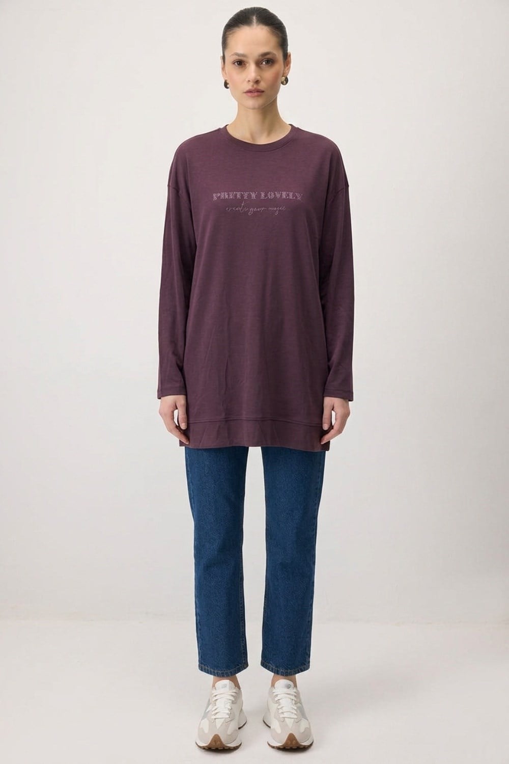 Baskılı Basıc Tunik 0037840 Mürdüm Tunik İKOLL 