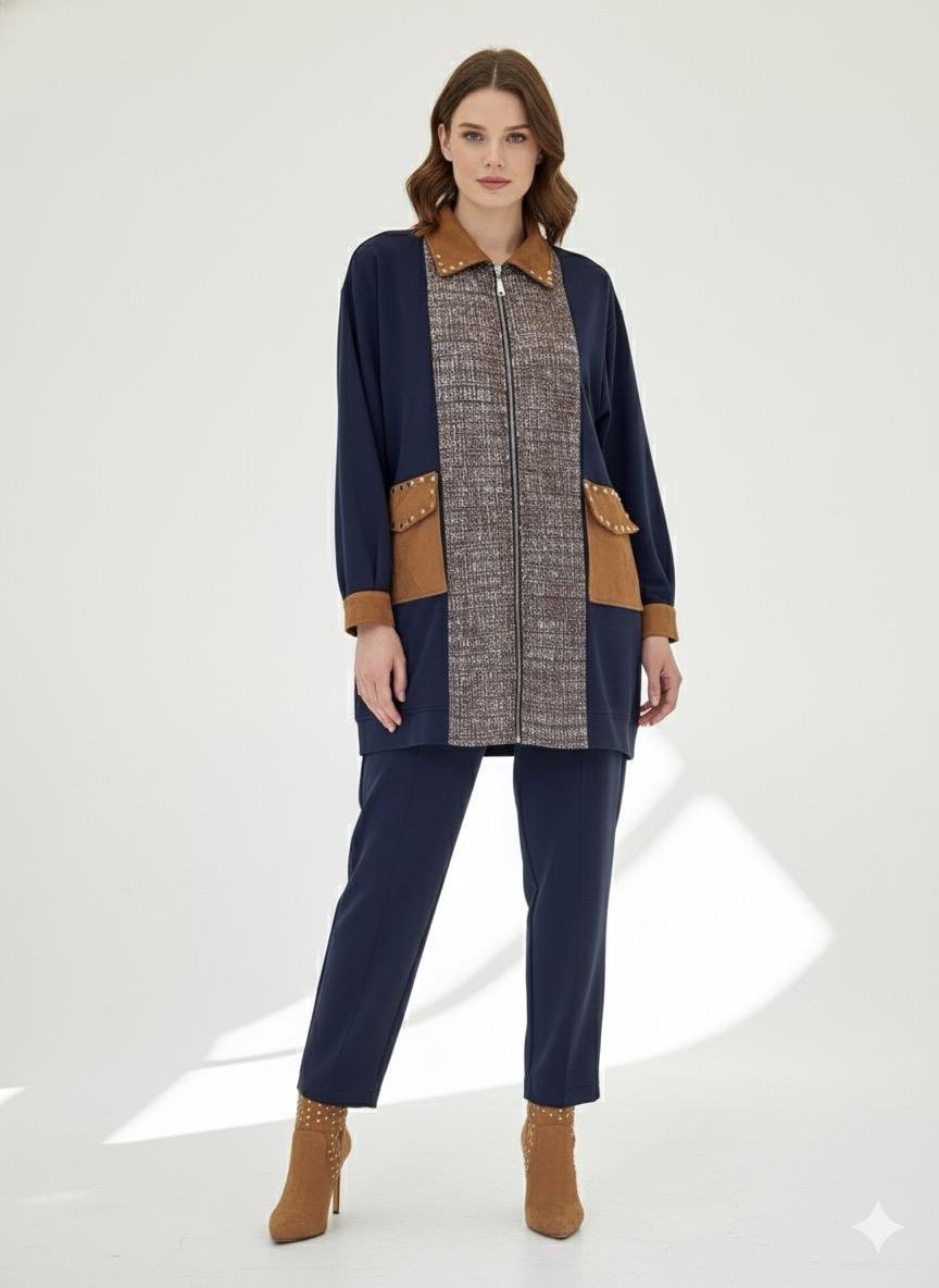 Cep ve Yaka Zımba Detay Pantolonlu Takım 1411 - Lacivert