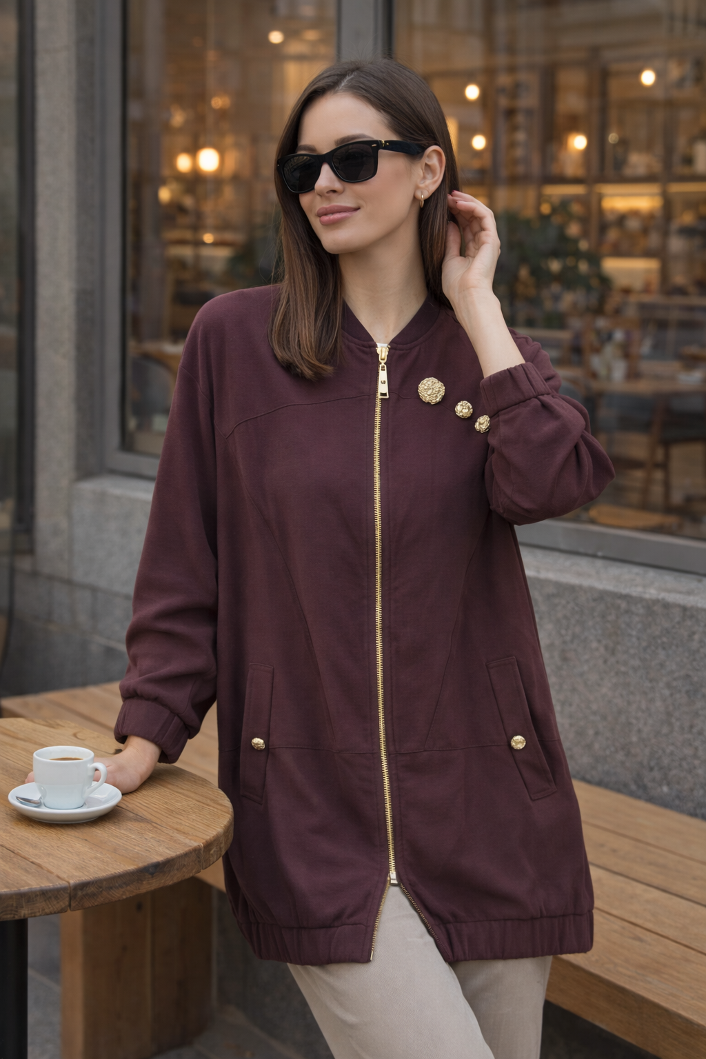 Üç Düğme Detay Fermuarlı Kap 1524 - Mürdüm