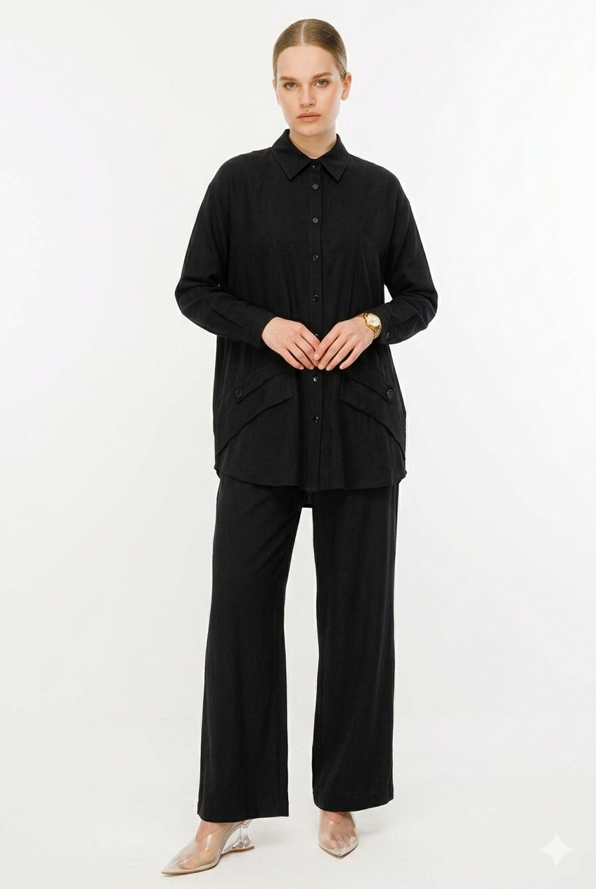 Ceremony 26Y927 Cep Kapaklari Taş İşlemeli Pantolonlu Takım - Siyah