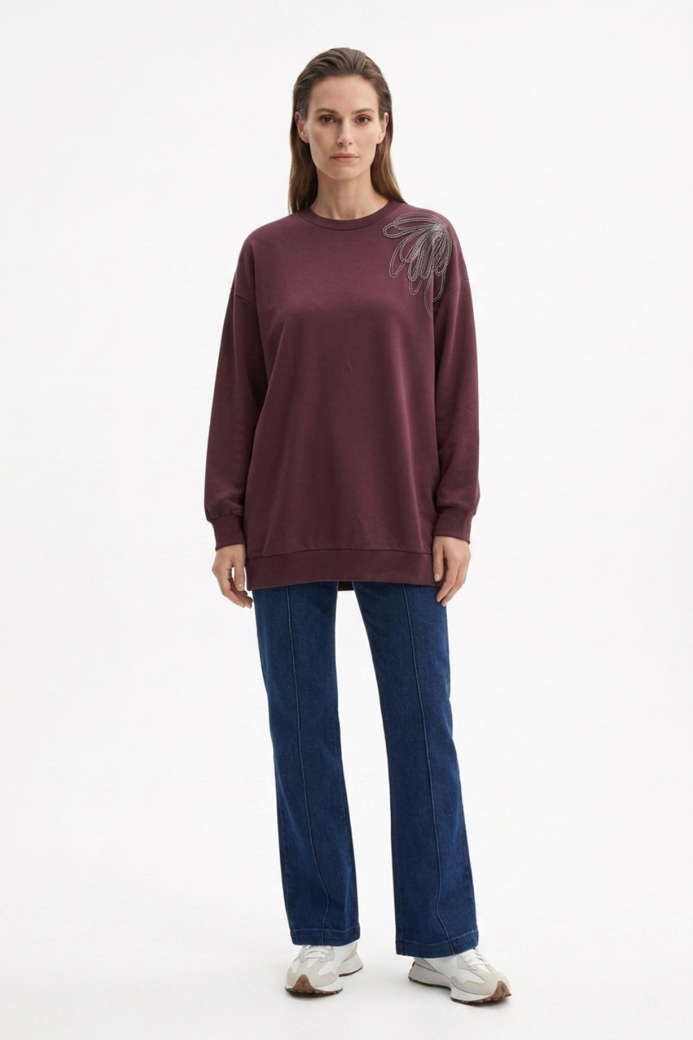 Tek Omuz İşlemeli İnce Sweat Tunik 3494 Mürdüm Tunik Ekrutex 