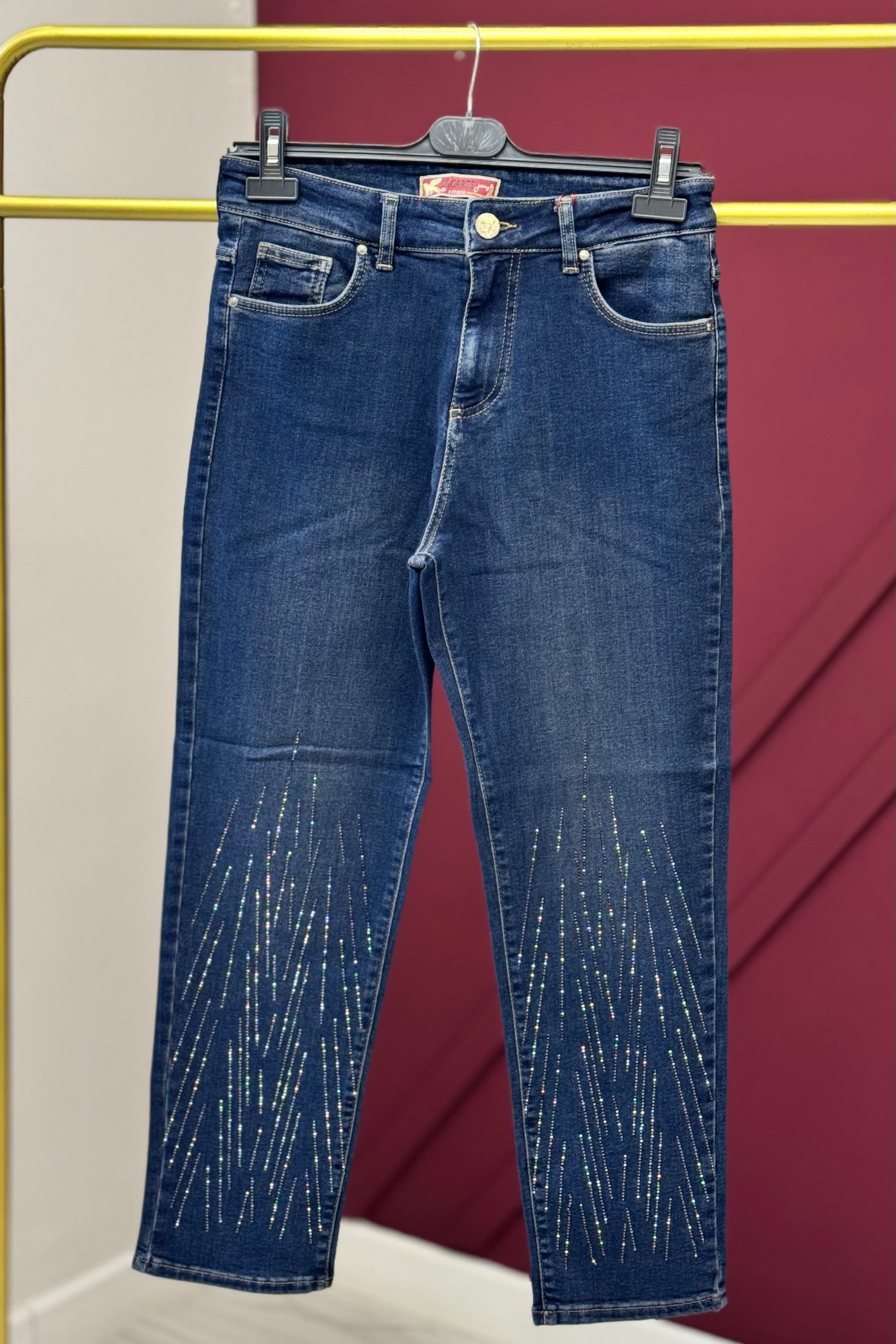 Çubuk Taş İşlemeli Mom Pantolon 0291-ÇT - Kahve Tint