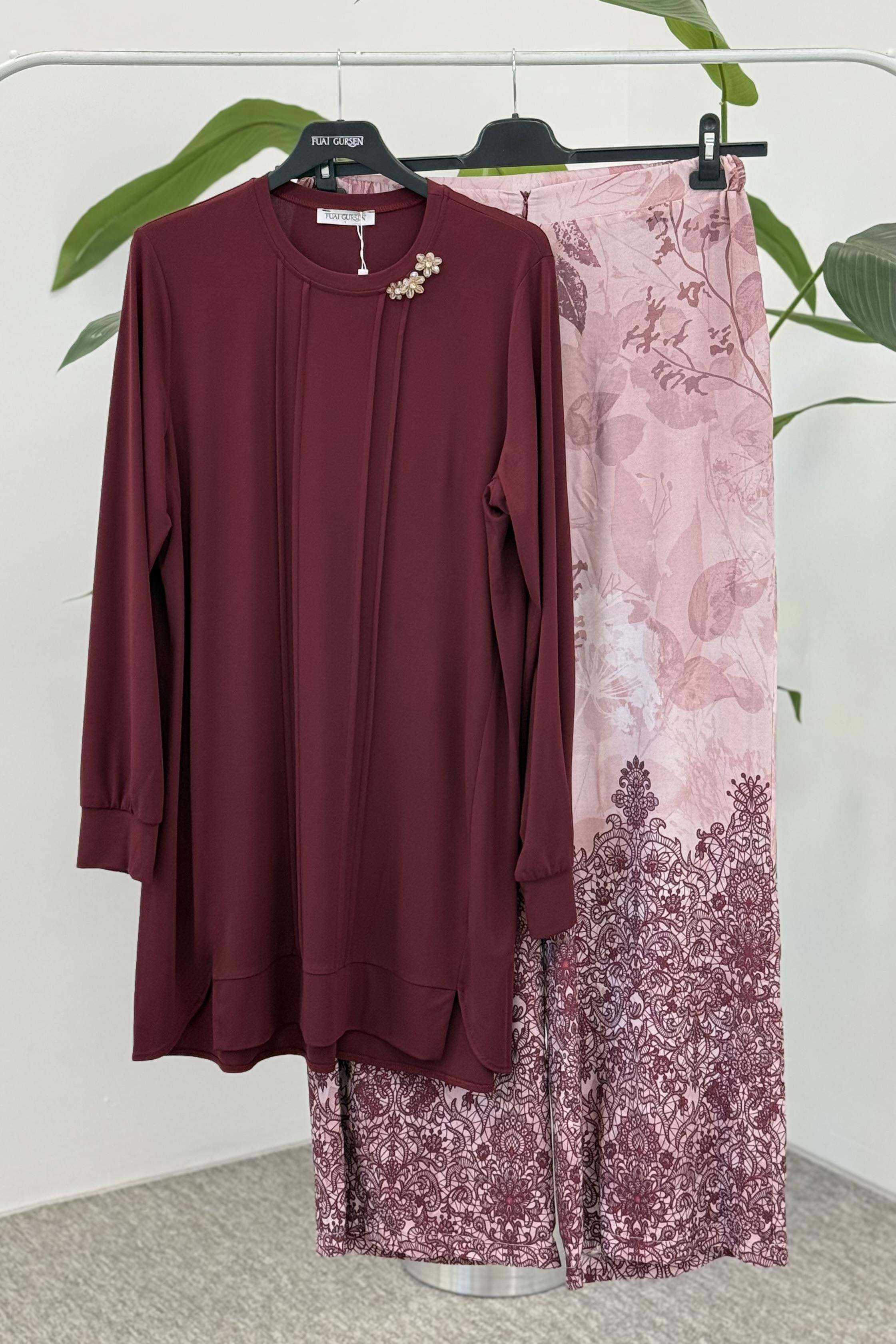 Fuat Gürşen 3377-1 Çiçek Desen Pantolonlu Takım - Bordo