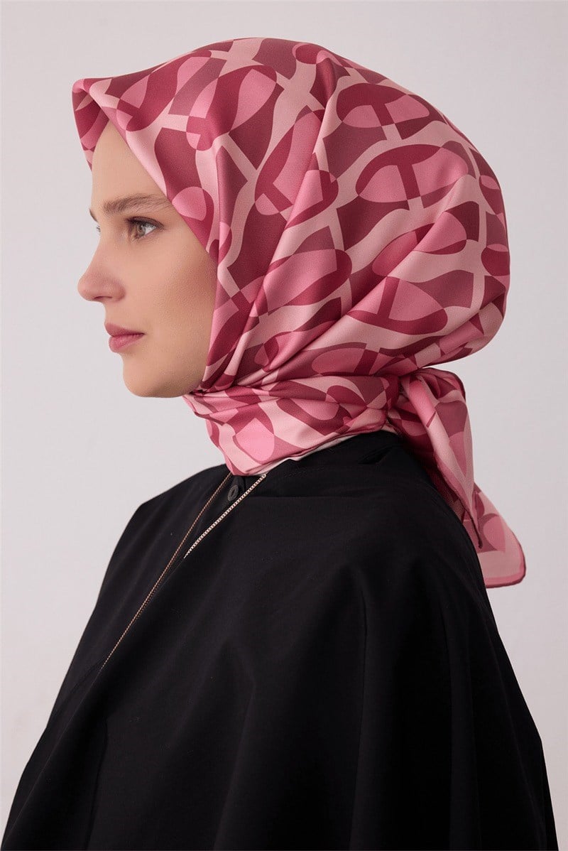 Belli 4420 Pusula Çizgileri Geometrik %100 Twill İpek Eşarp - Pembe Eşarp BELLI 