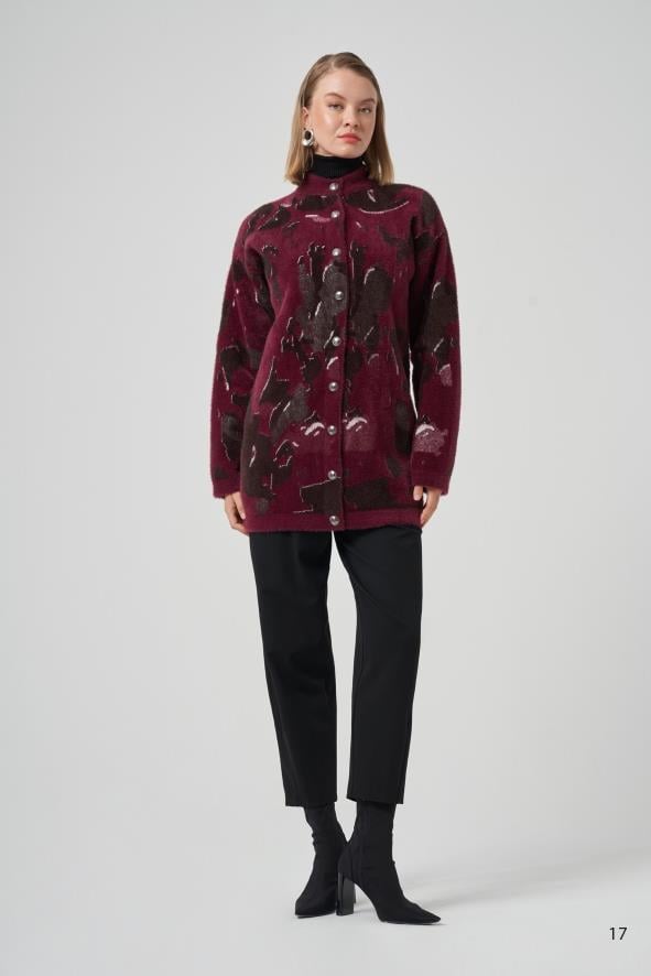 Nuss 7006 Kendinden Desenli Angora Hırka - Bordo