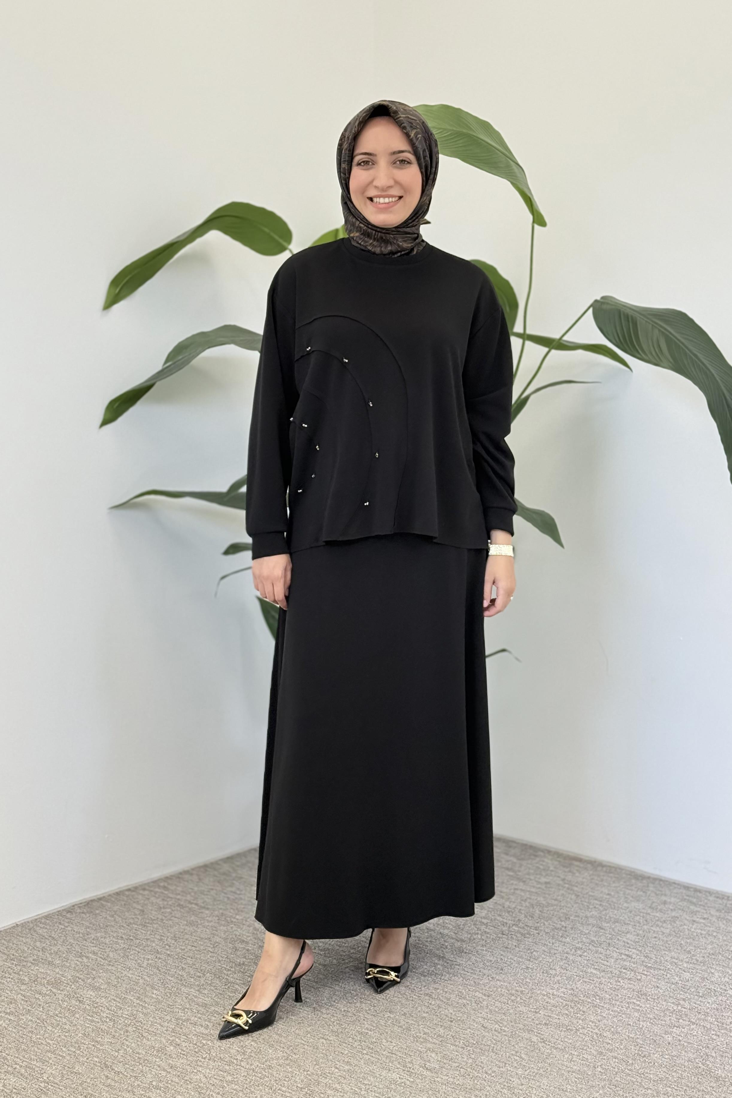 Ceremony 6949 Oval Kesikli Taş İşlemeli Adel Etekli Takım - Siyah