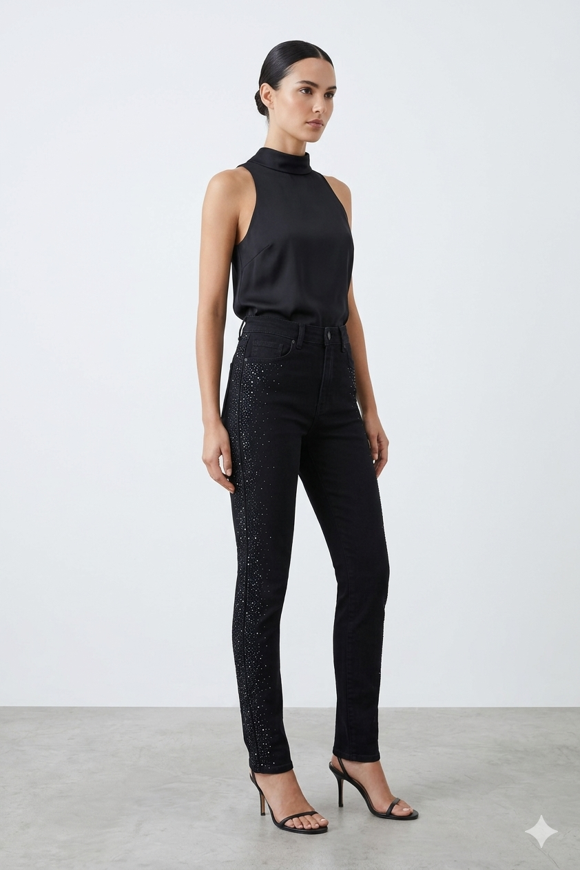 Yan Damla Taş İşlemeli Mom Pantolon 0291-YT - Siyah