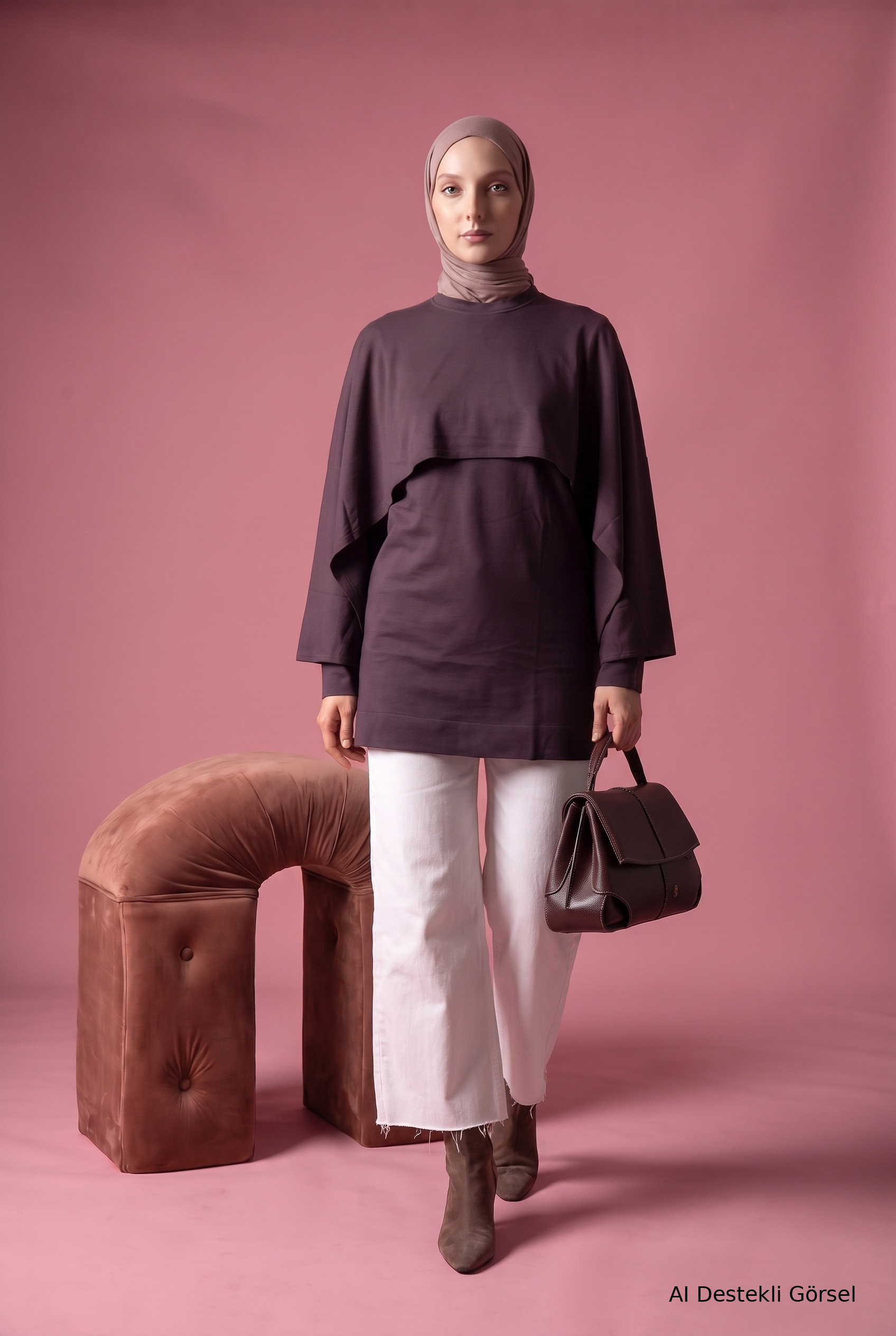 Armine Trend 26KAD404 Pelerin Detay Tunik Kahverengi Tunik ARMİNE TREND 