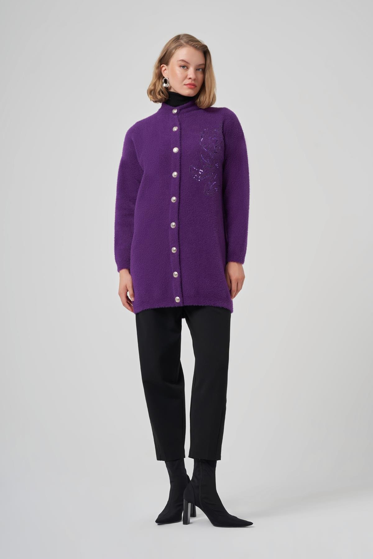 Nuss 7007 Yan Nakış İşlemeli Hırka - Mor