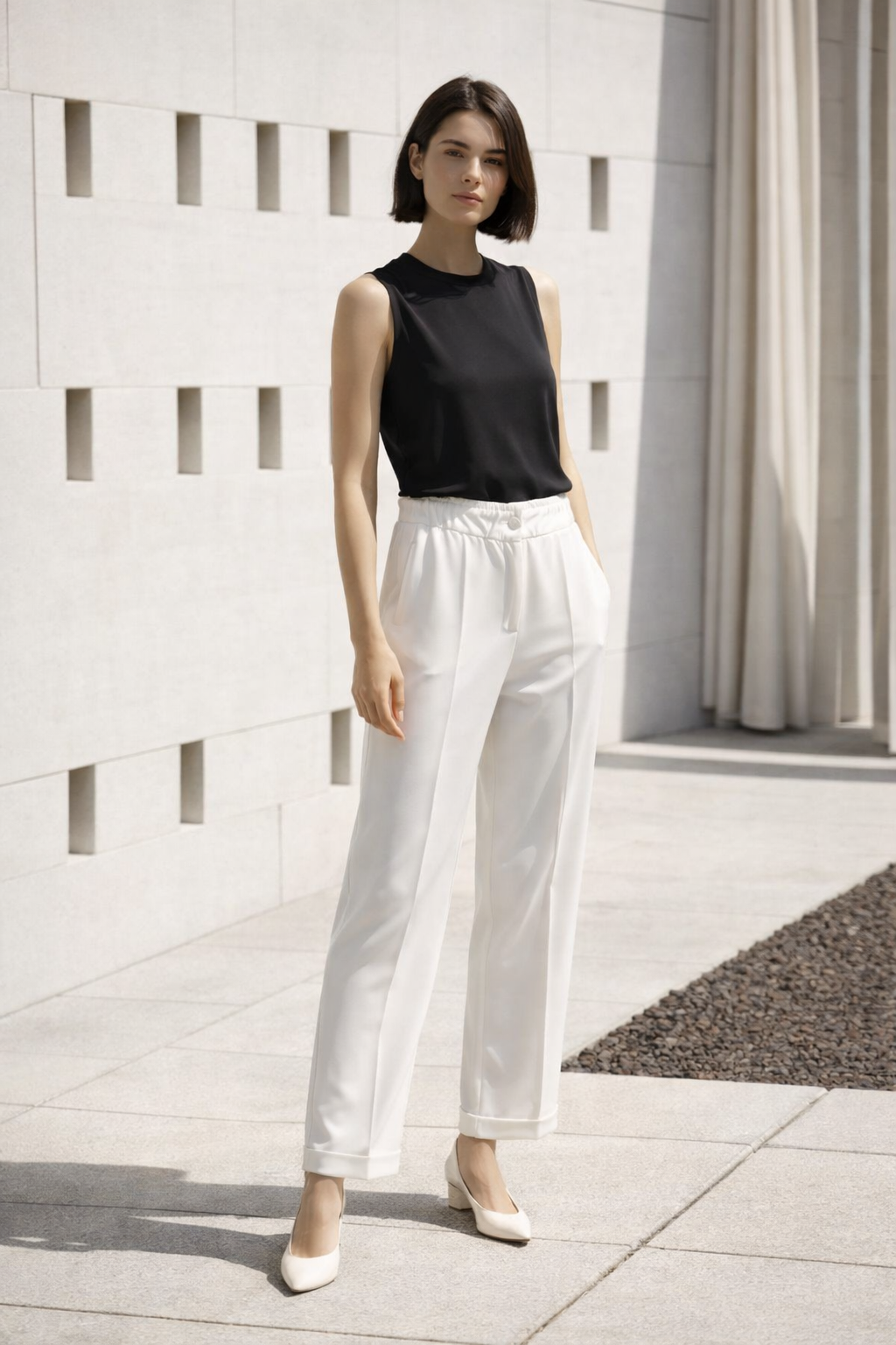 Sentez 5514 Beli Lastikli İnce Duble Paça Pantolon - Beyaz