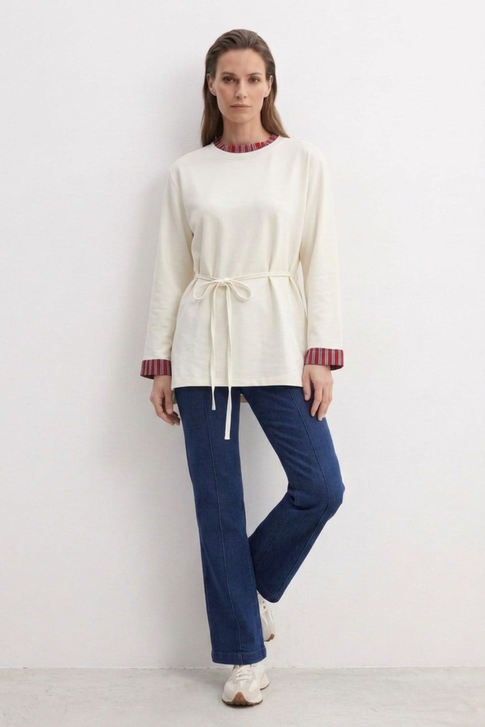 Yaka ve Kolları Çizgi Garnili Tunik 3521 Ekru Tunik Ekrutex 