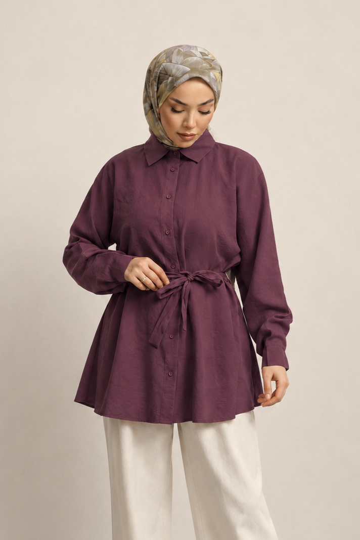 Bel Bağlama Detay Tunik 250352 - Mürdüm
