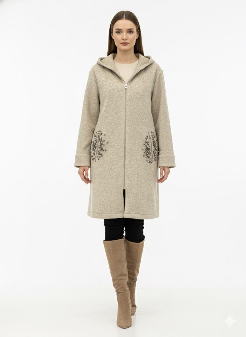 Jupe 9287 Cepleri Taş İşlemeli Kaban - Bej