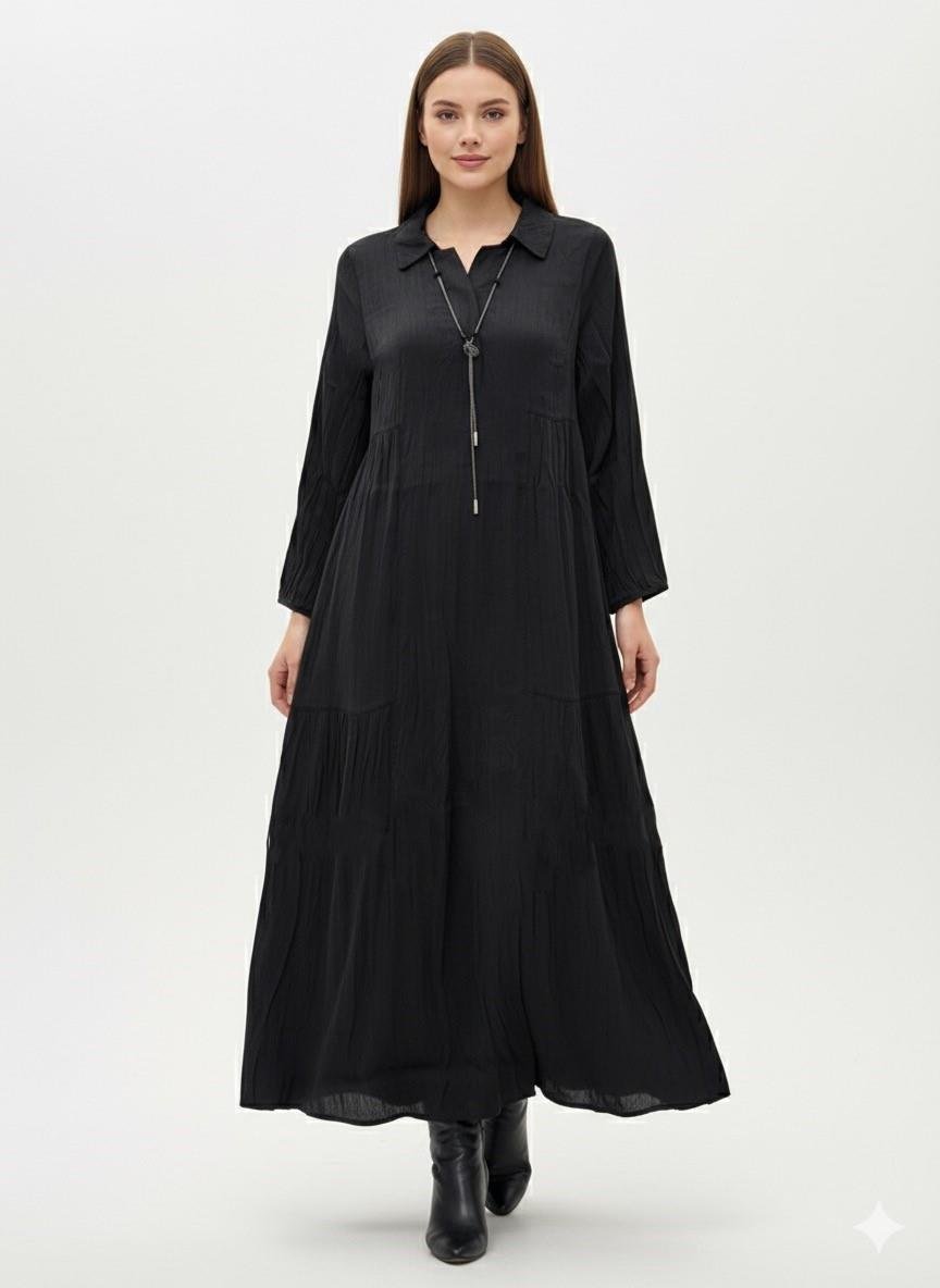 LissMore 5793 Kolye Detay Kırışık Elbise - Siyah