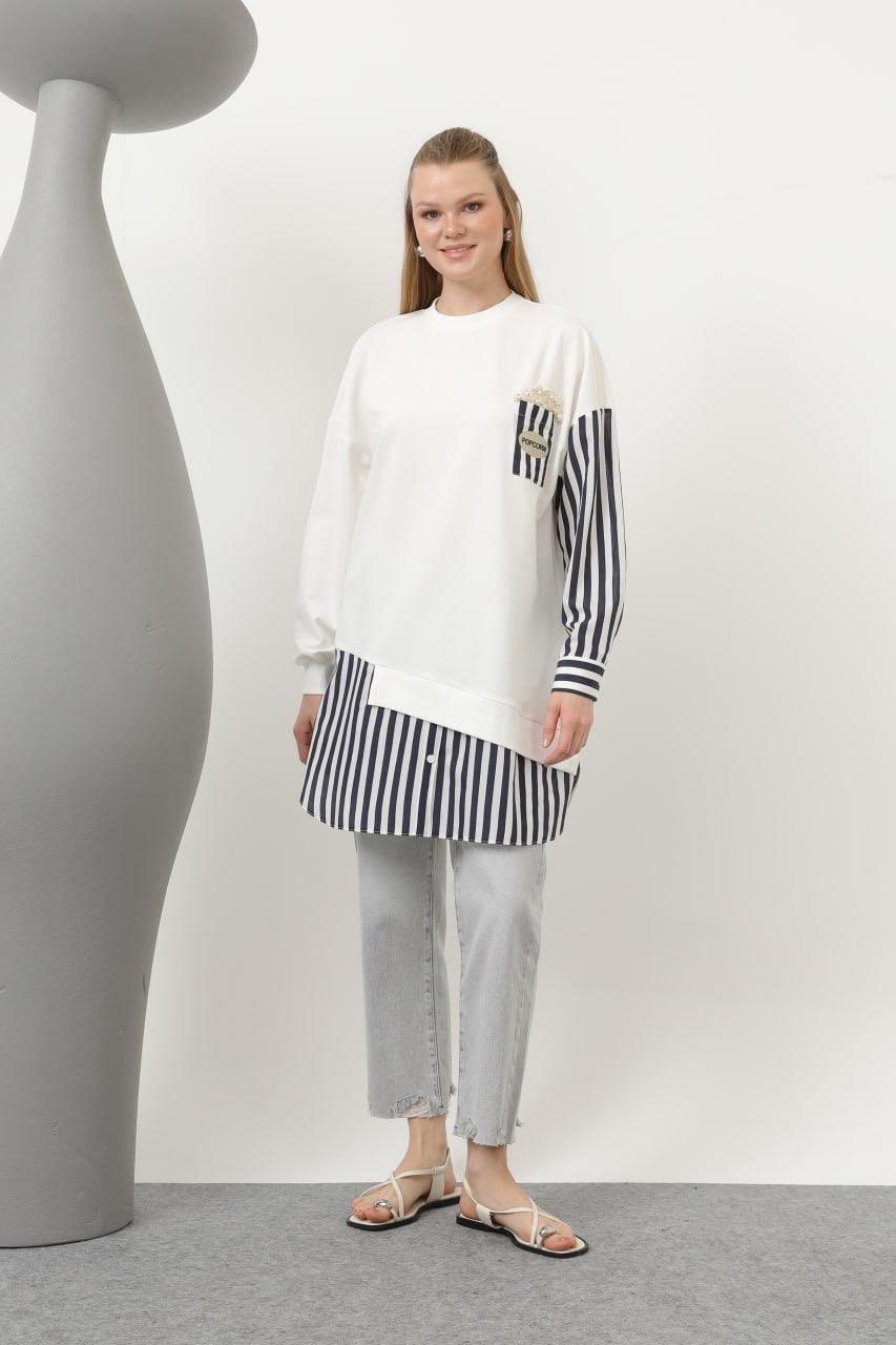 Cebi Popcorn Baskılı Çizgili Tunik 10651 - F.Navy